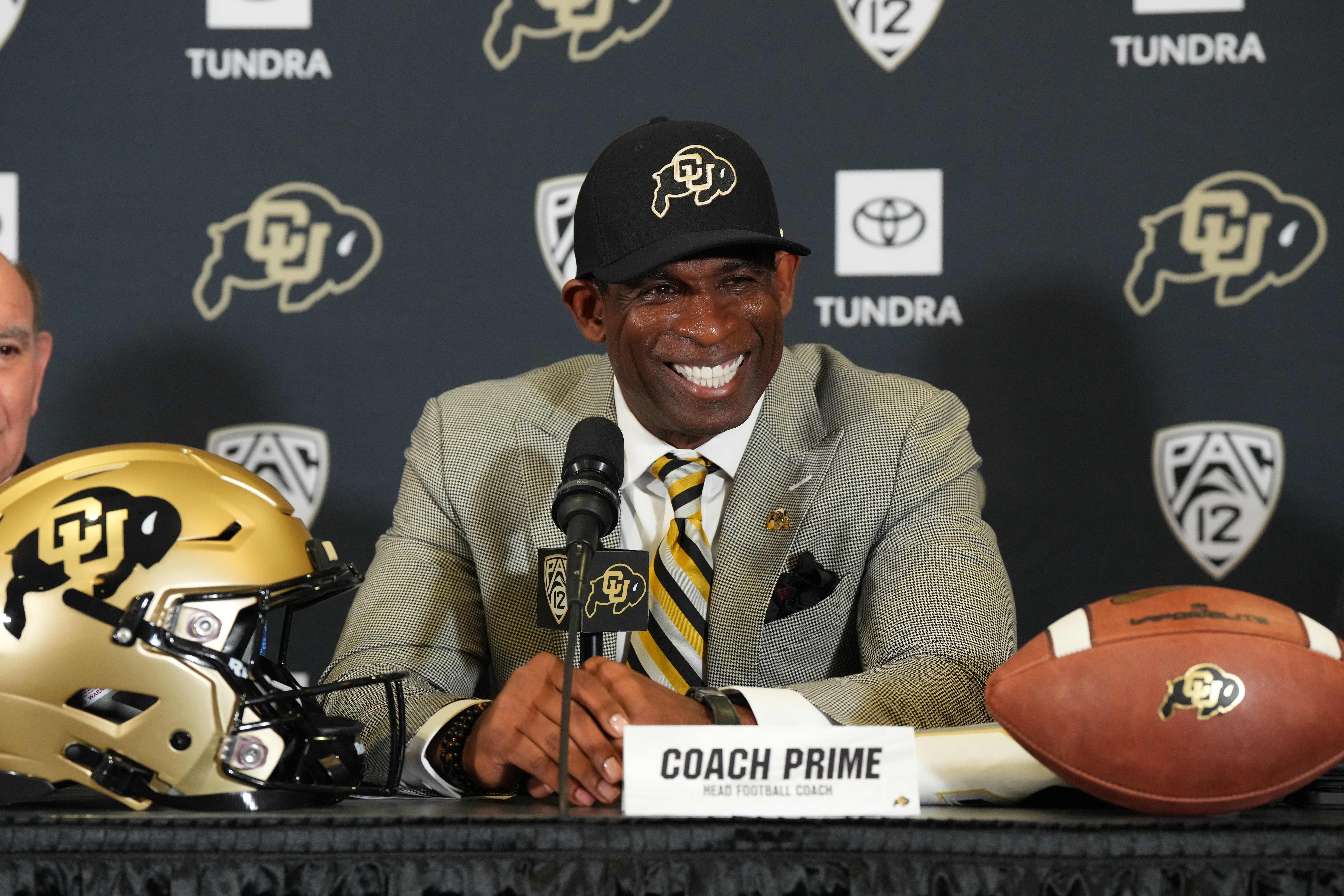Dec 4, 2022; Boulder, CO, USA; Colorado Buffaloes head coach Deion Sanders speaks during a press conference at the Arrow Touchdown Club.