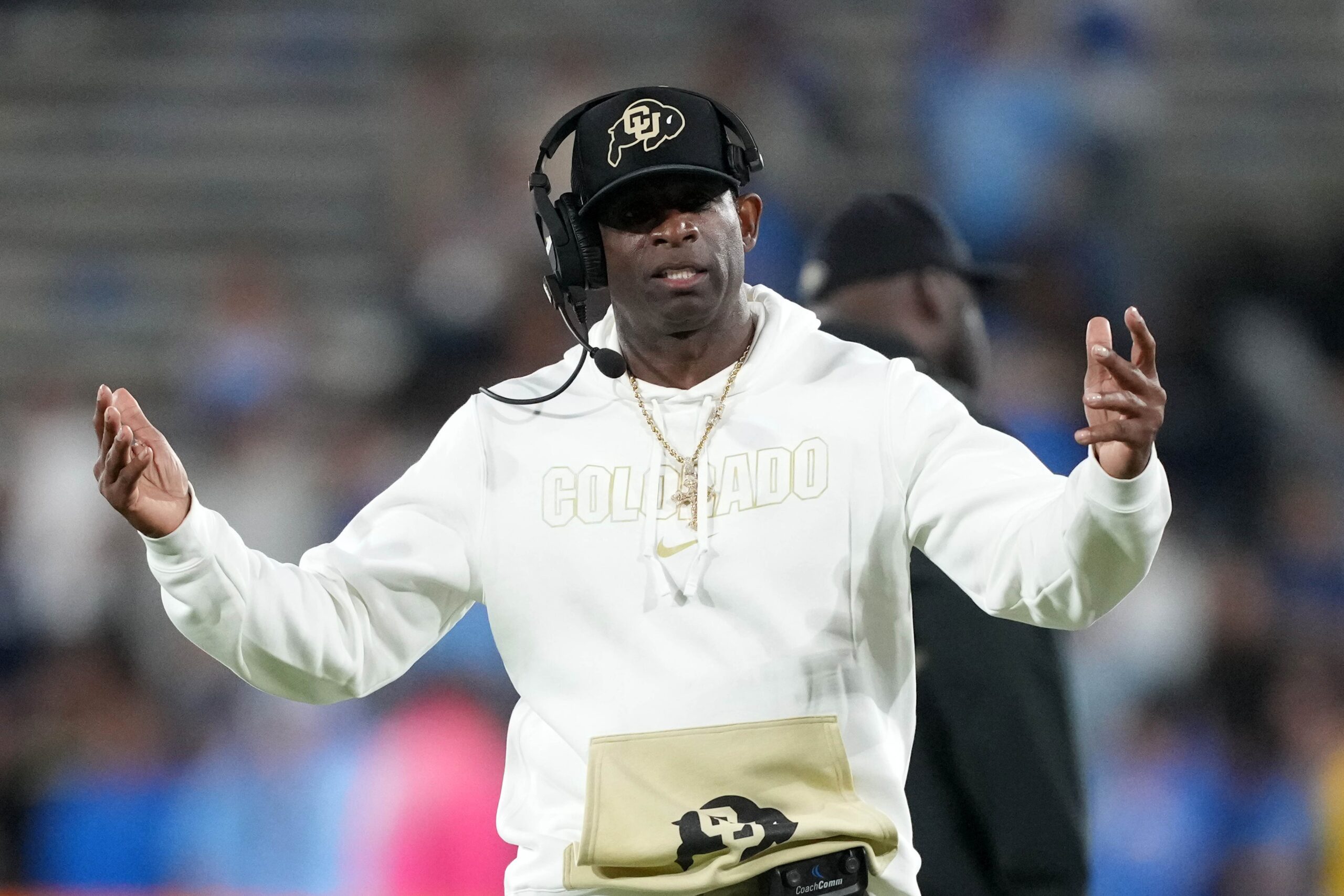 Oct 28, 2023; Pasadena, California, USA; Colorado Buffaloes head coach Deion Sanders reacts against the UCLA Bruins in the second half at Rose Bowl.