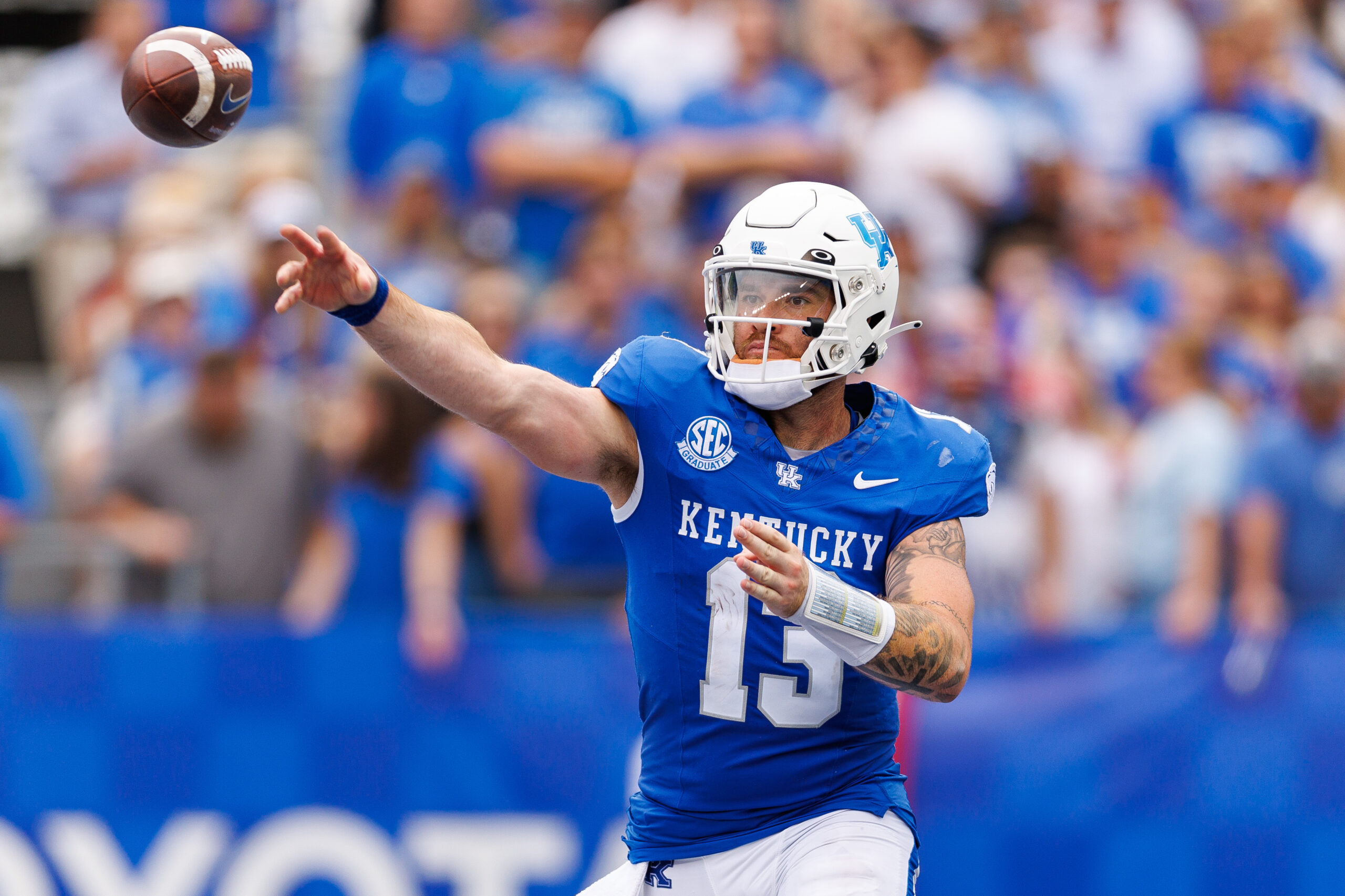 Sep 9, 2023; Lexington, Kentucky, USA; Kentucky Wildcats quarterback Devin Leary (13) throws a pass during the second quarter against the Eastern Kentucky Colonels at Kroger Field.