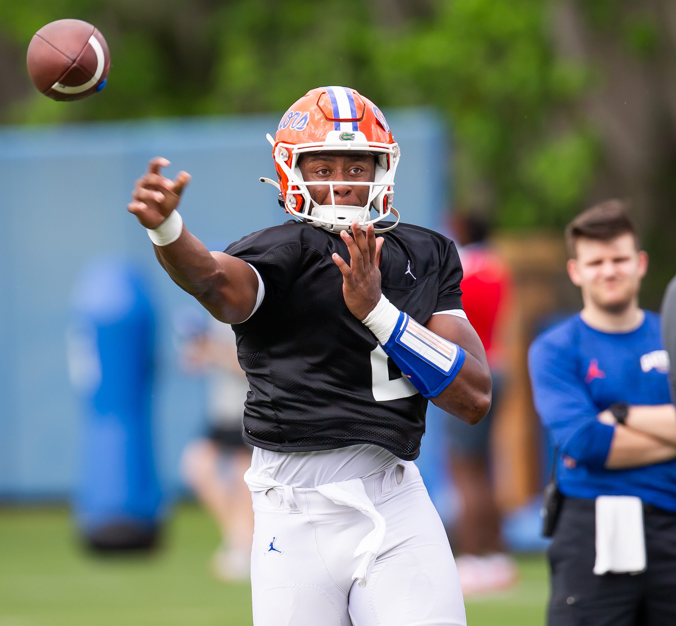 Florida quarterback DJ Lagway (2) passes to a receiver during practice. The Florida Gators held their second Spring football practice at Sanders Practice Fields in Gainesville, FL on Saturday, March 9, 2024.