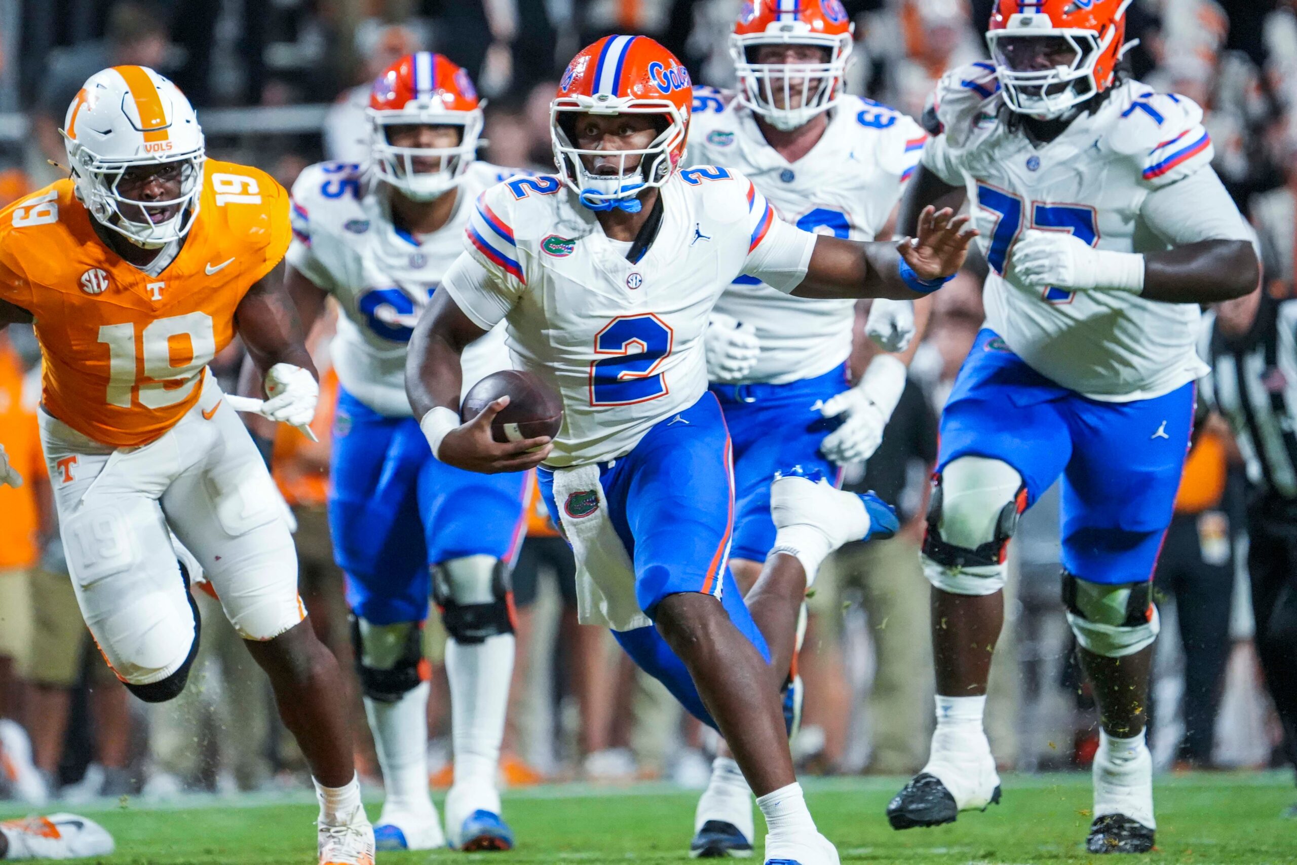 Florida quarterback DJ Lagway (2) runs with the ball during a NCAA football game between Tennessee and Florida in Neyland Stadium, in Knoxville, Tenn., Oct. 12, 2024.