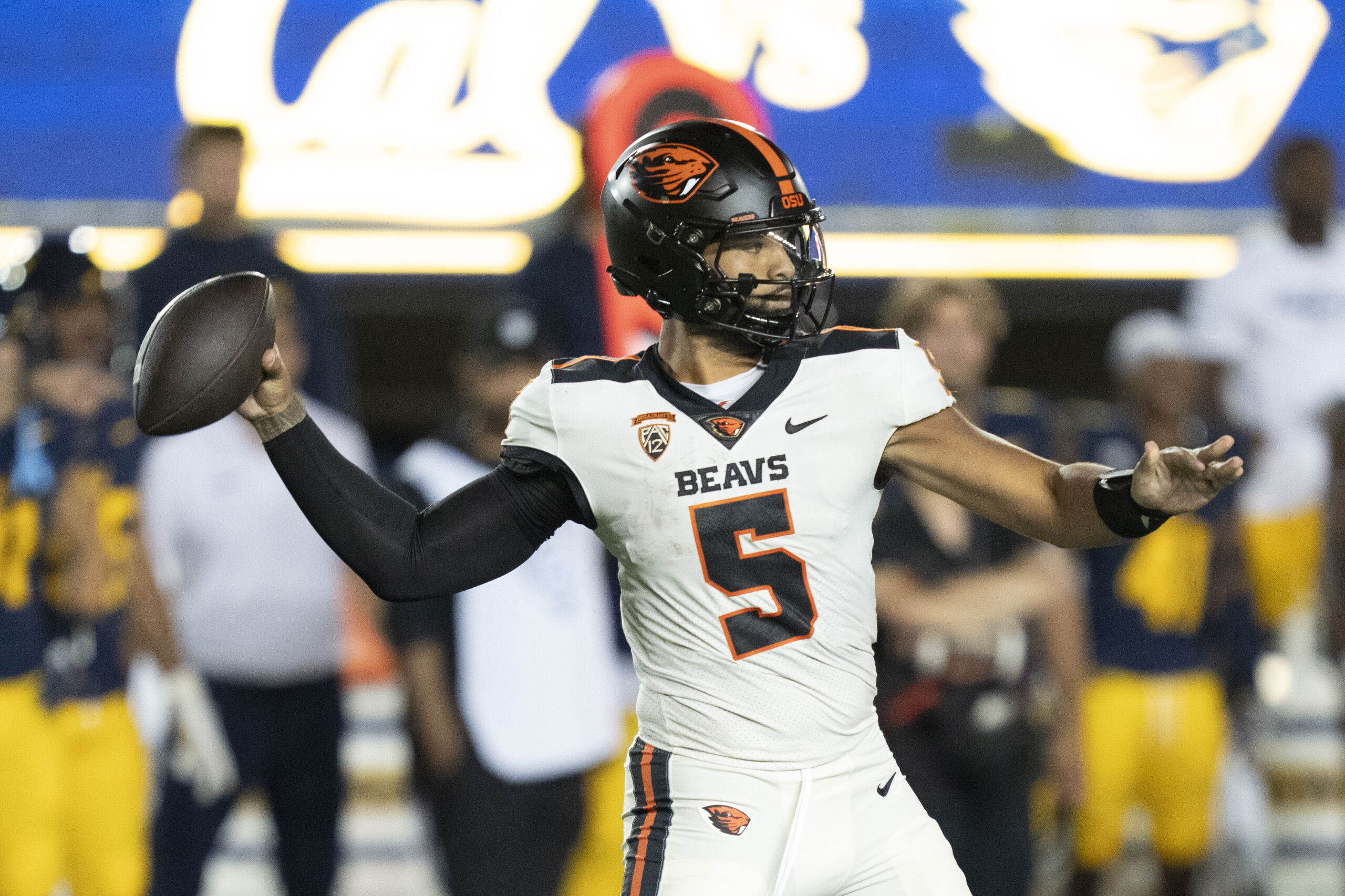 October 7, 2023; Berkeley, California, USA; Oregon State Beavers quarterback DJ Uiagalelei (5) passes the football against the California Golden Bears during the third quarter at California Memorial Stadium.
