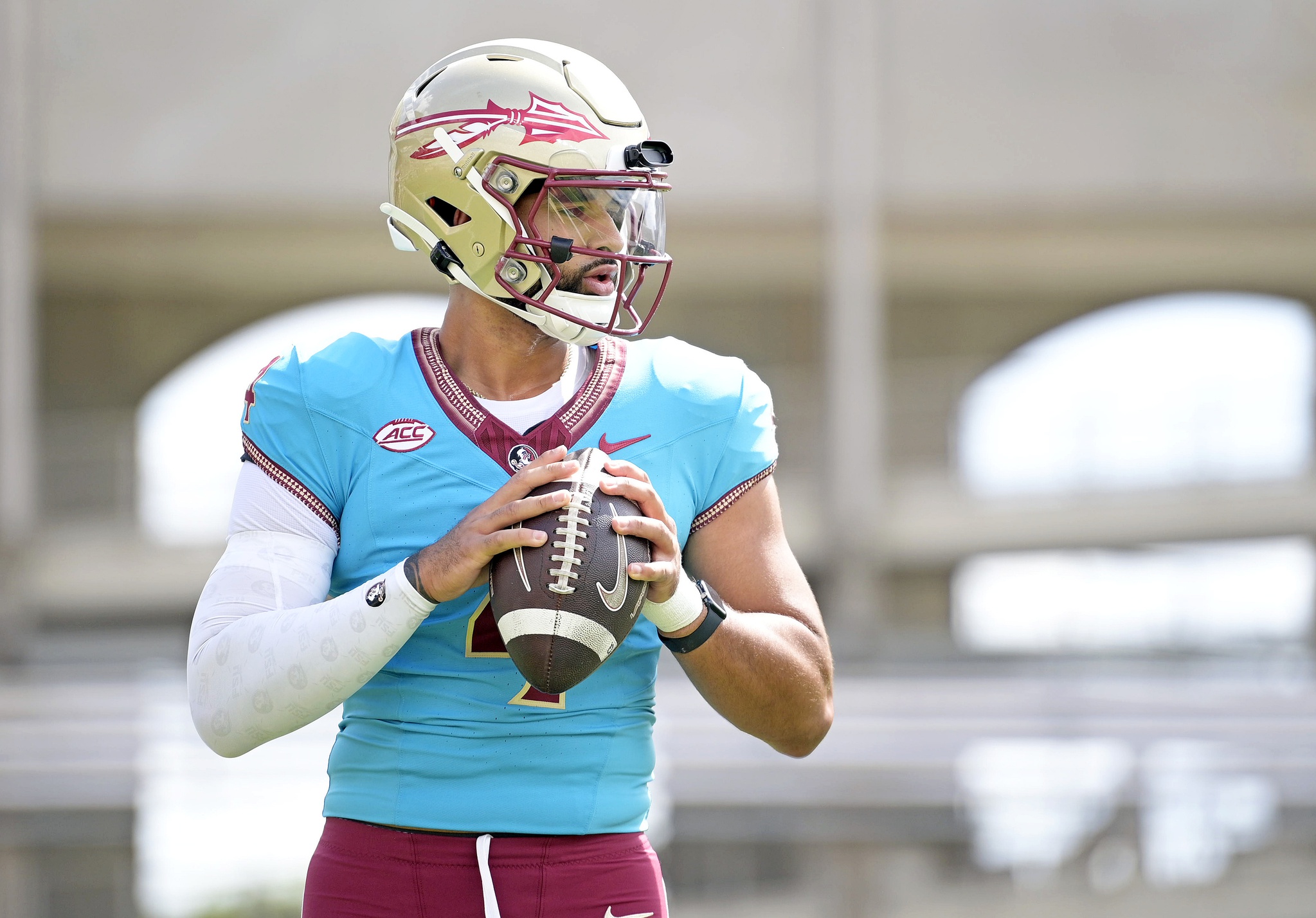 Apr 20, 2024; Tallahassee, Florida, USA; Florida State Seminoles quarterback DJ Uiagalelei (4) during the Spring Showcase at Doak S. Campbell Stadium.
