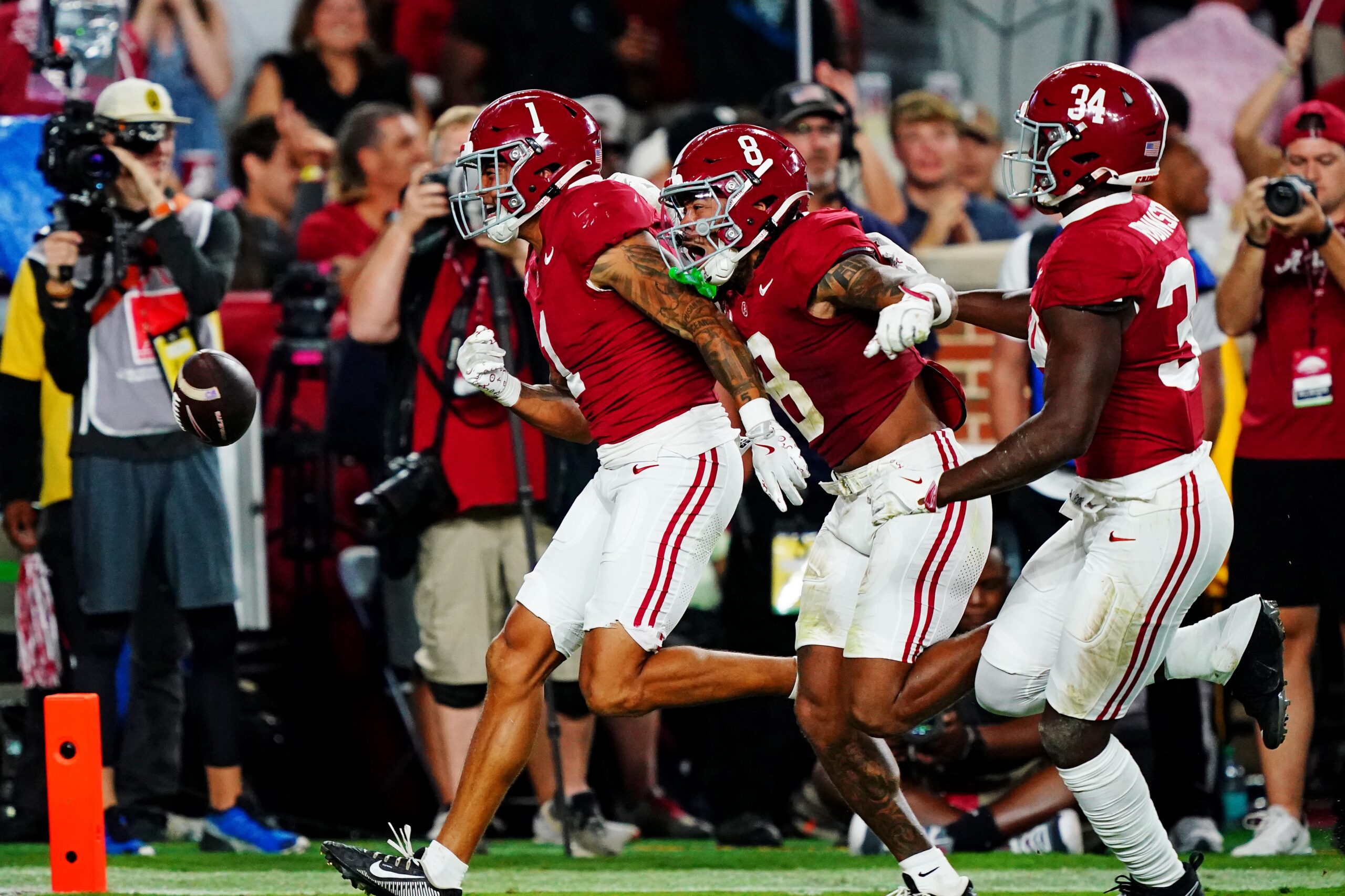 Sep 28, 2024; Tuscaloosa, Alabama, USA; Alabama Crimson Tide defensive back Domani Jackson (1) celebrates after making an interception during the first quarter against the Georgia Bulldogs at Bryant-Denny Stadium.