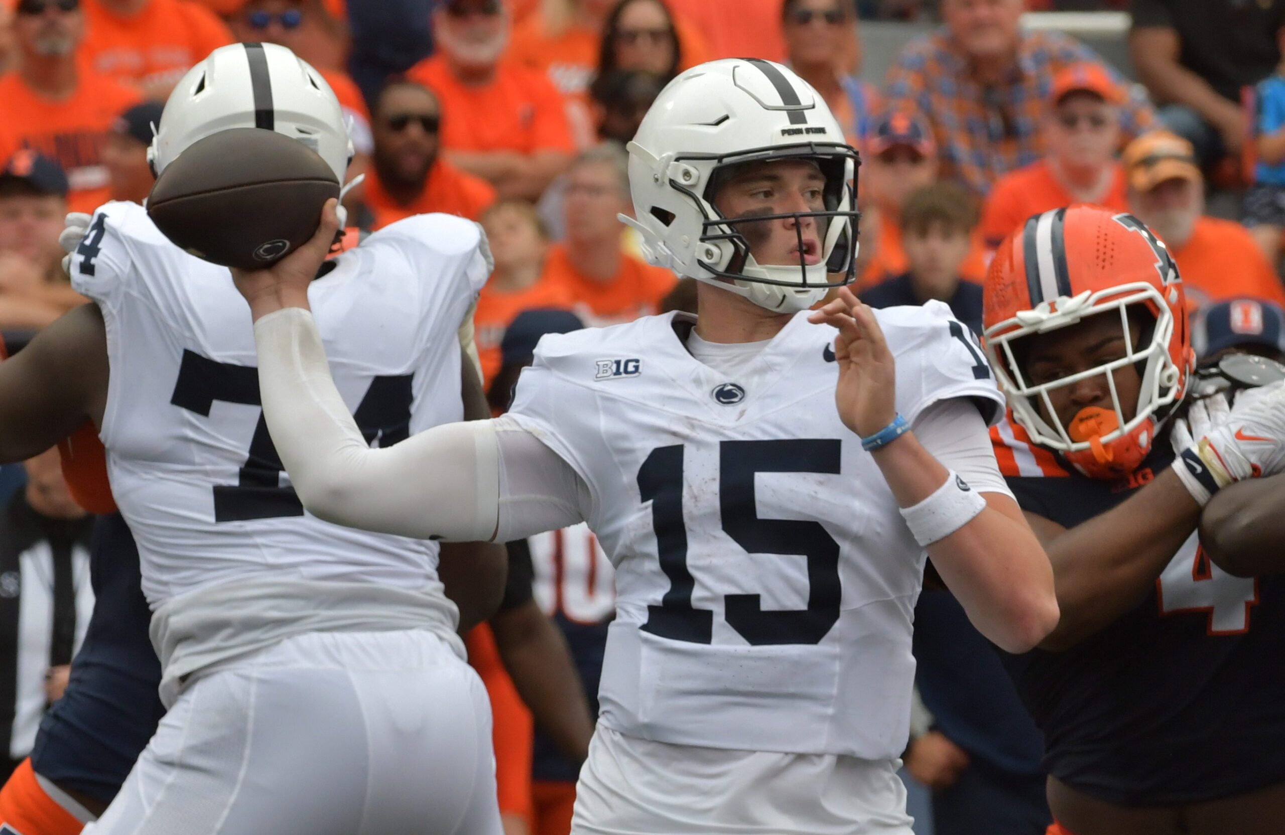 Sep 16, 2023; Champaign, Illinois, USA; Penn State Nittany Lions quarterback Drew Allar (15) passes the ball against the Illinois Fighting Illini during the second half at Memorial Stadium.