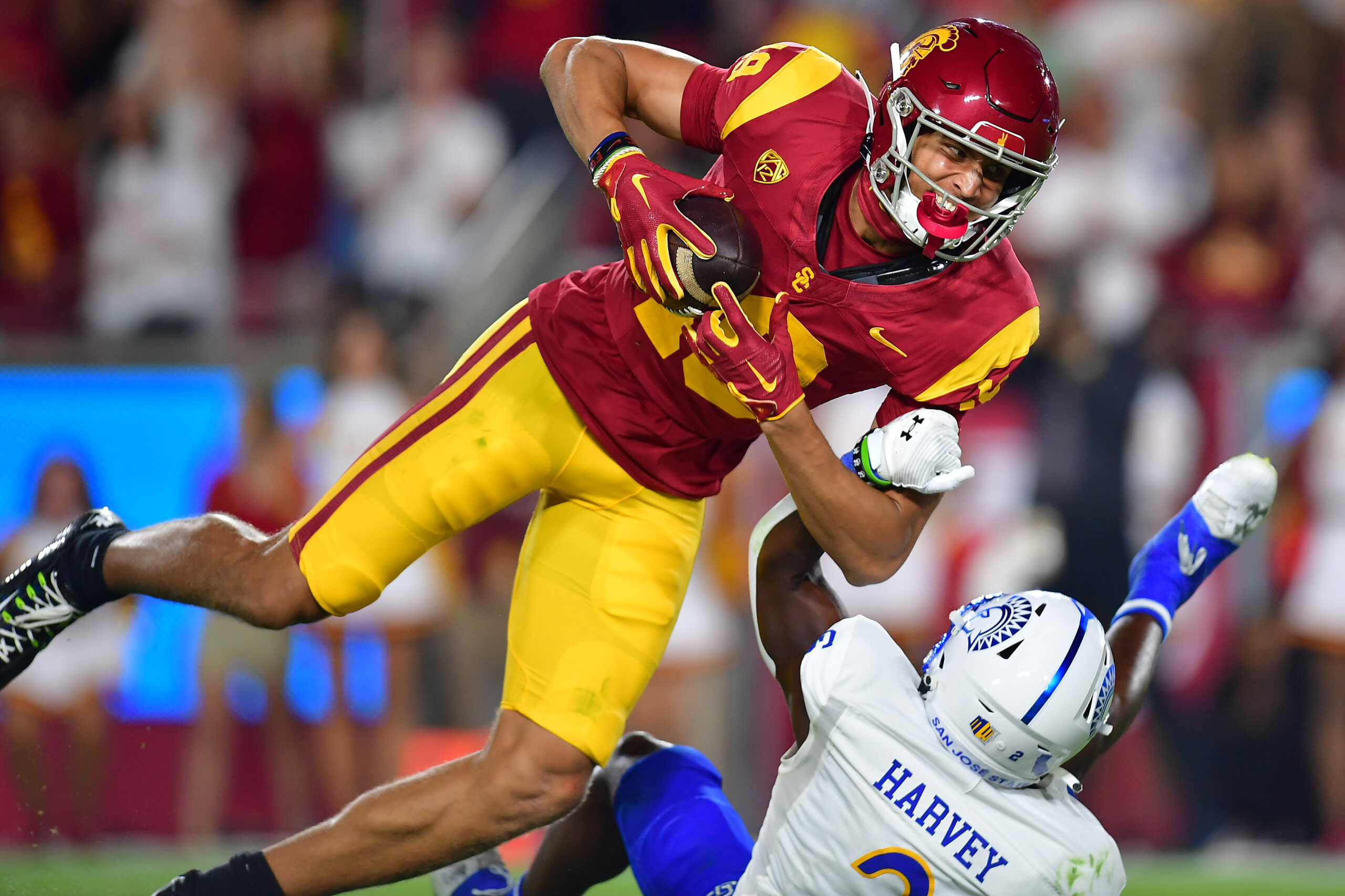 Aug 26, 2023; Los Angeles, California, USA; San Jose State Spartans wide receiver Nick Nash (3) catches a touchdown pass in front of Southern California Trojans cornerback Ceyair Wright (22) during the second half at Los Angeles Memorial Coliseum.