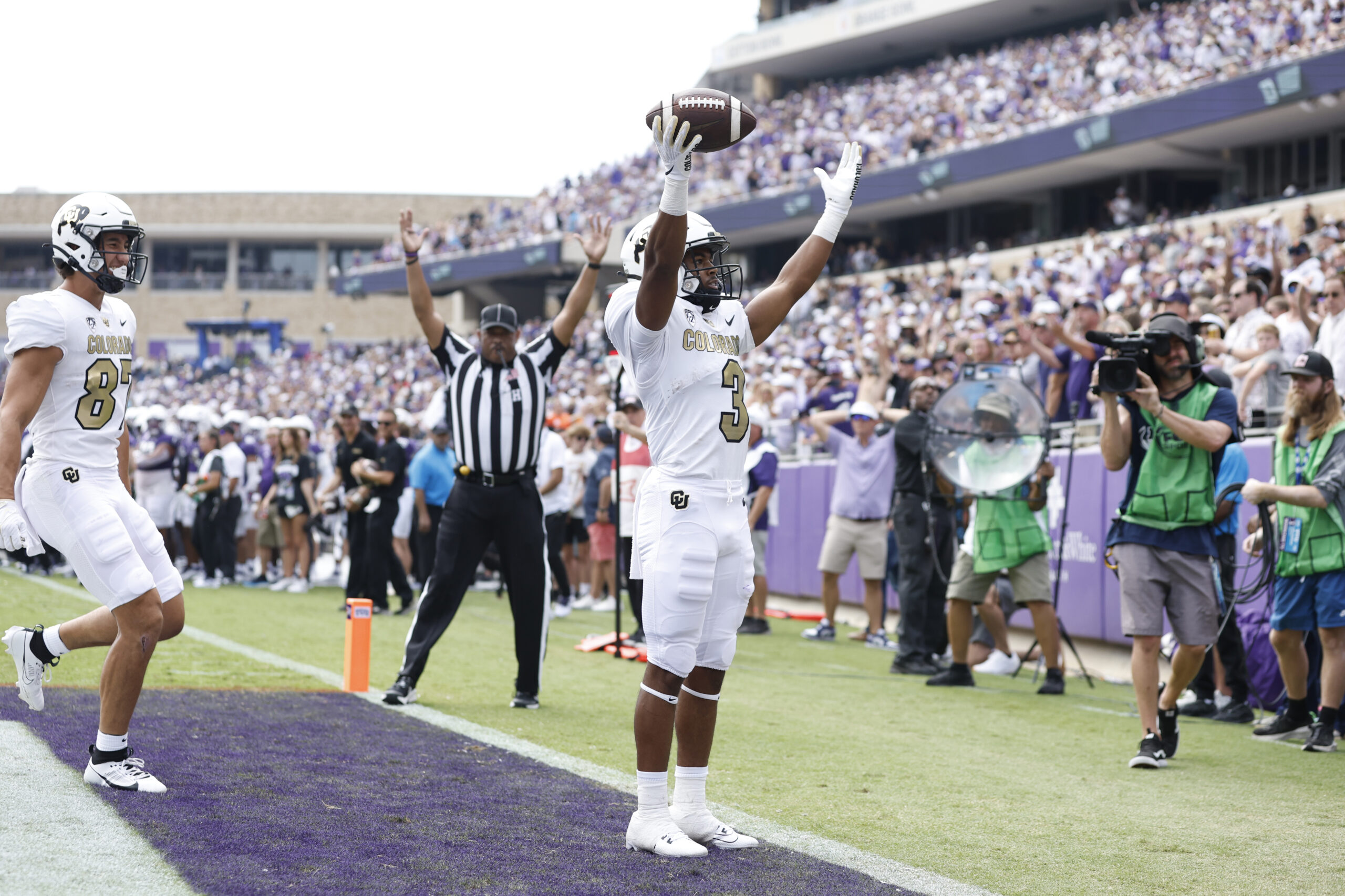 Sep 2, 2023; Fort Worth, Texas, USA; Colorado Buffaloes running back Dylan Edwards (3) celebrates scoring a touchdown against the TCU Horned Frogs in the first quarter at Amon G. Carter Stadium.
