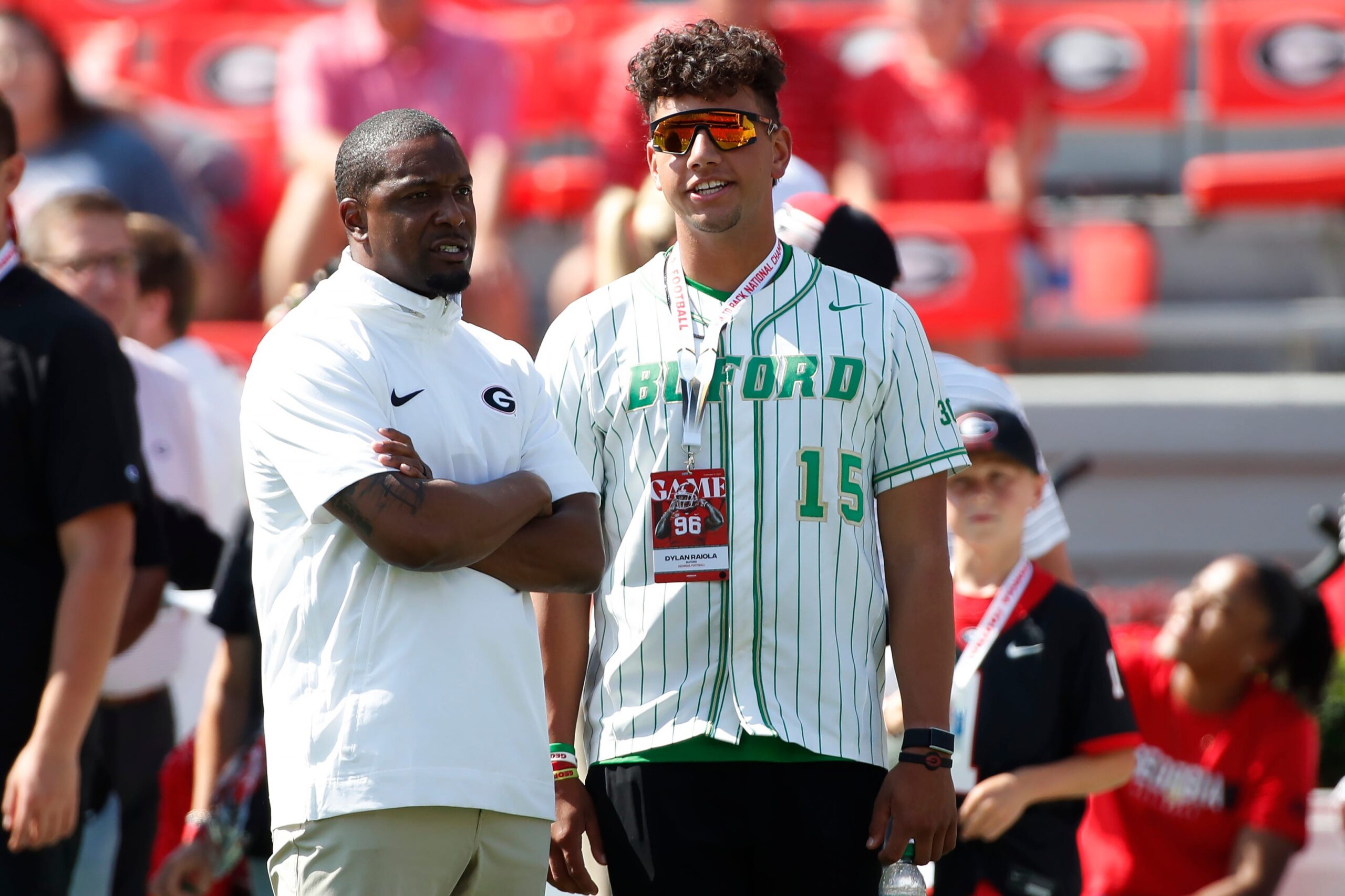 Buford quarterback Dylan Raiola looks on from the sideline during warm ups before the start of a NCAA college football game against Ball State in Athens, Ga., on Saturday, Sept. 9, 2023.