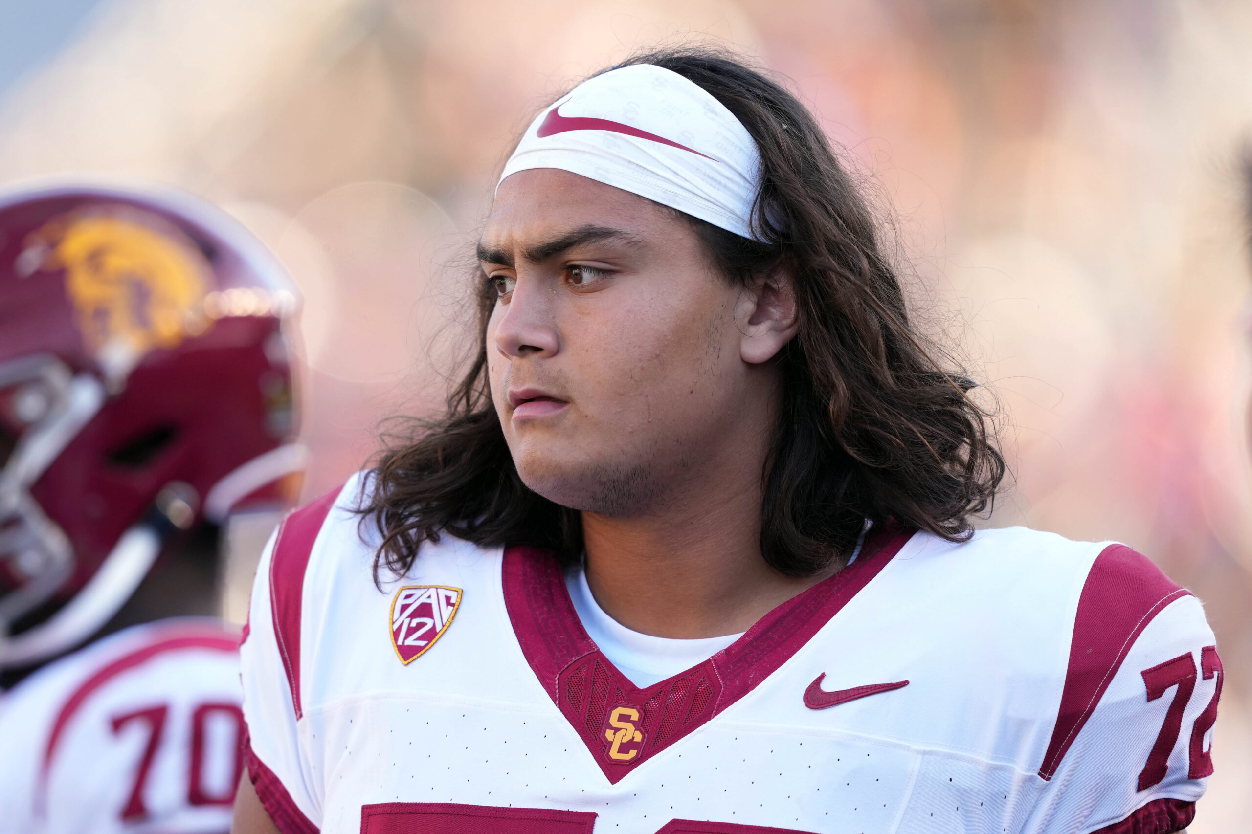 Oct 28, 2023; Berkeley, California, USA; USC Trojans offensive lineman Elijah Paige (72) during halftime against the California Golden Bears at California Memorial Stadium.