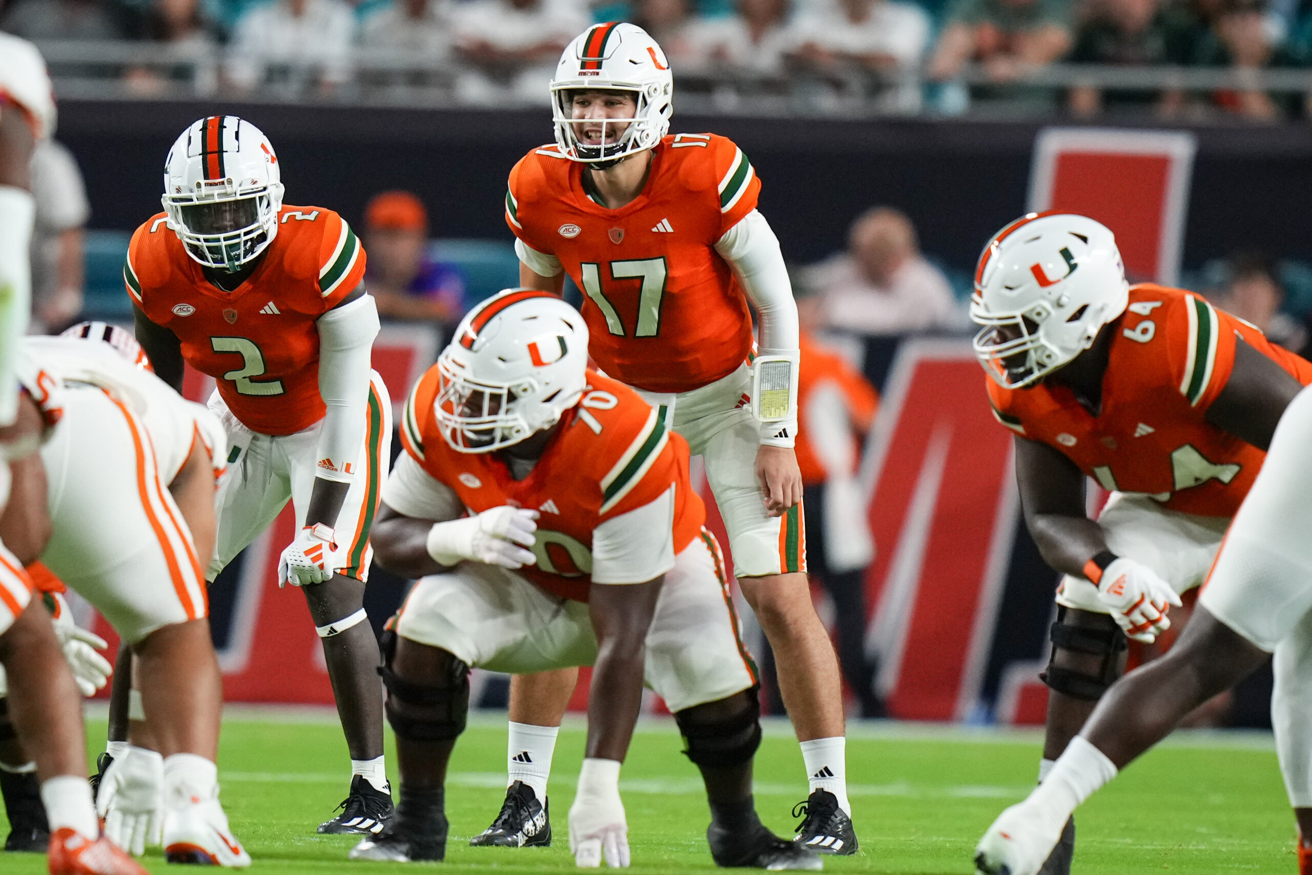 Oct 21, 2023; Miami Gardens, Florida, USA; Miami Hurricanes quarterback Emory Williams (17) calls the snap against the Clemson Tigers during the first quarter at Hard Rock Stadium.