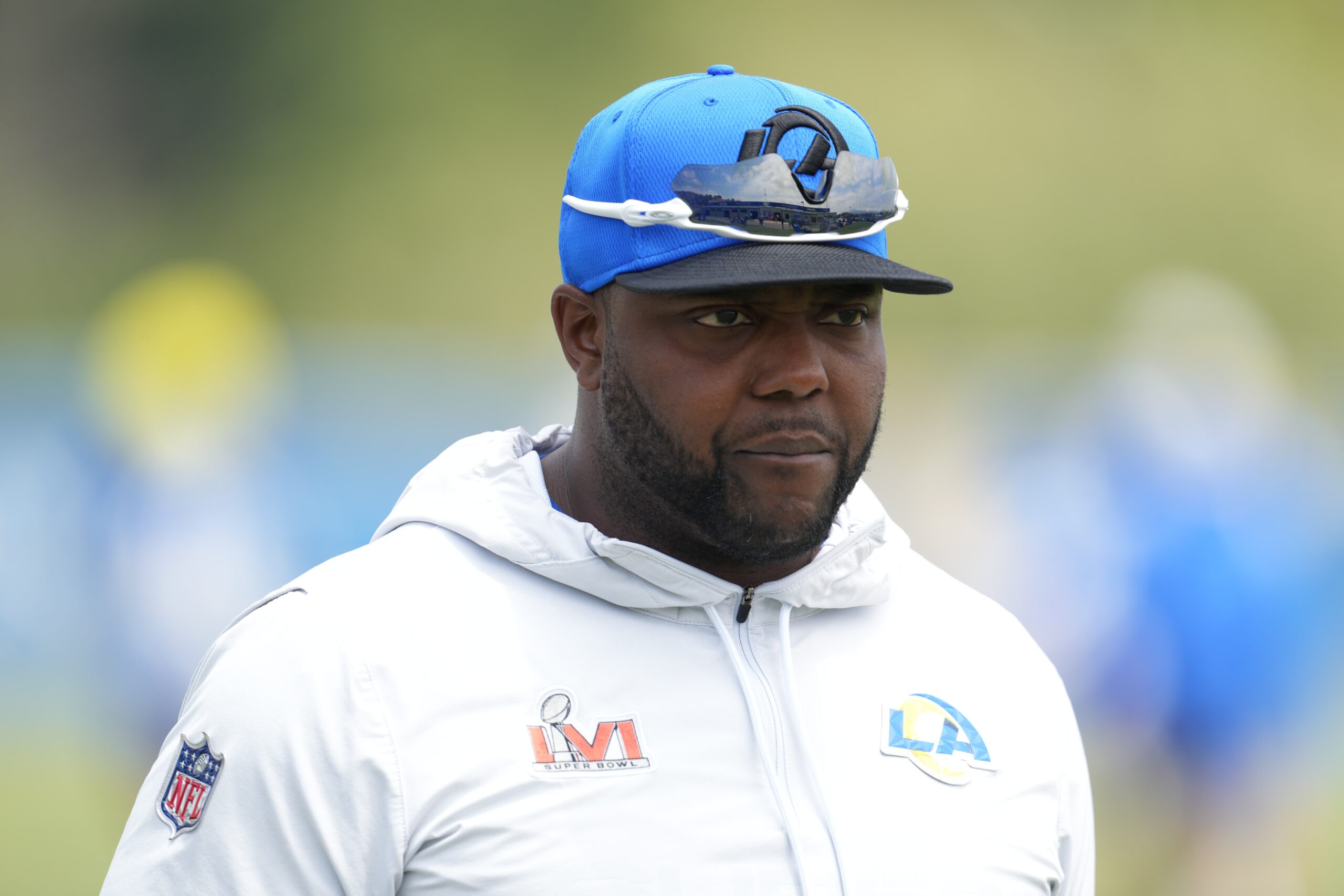 Jun 14, 2023; Thousand Oaks, CA, USA; Los Angeles Rams defensive line run game coordinator coach Eric Henderson during minicamp at Cal Lutheran University.