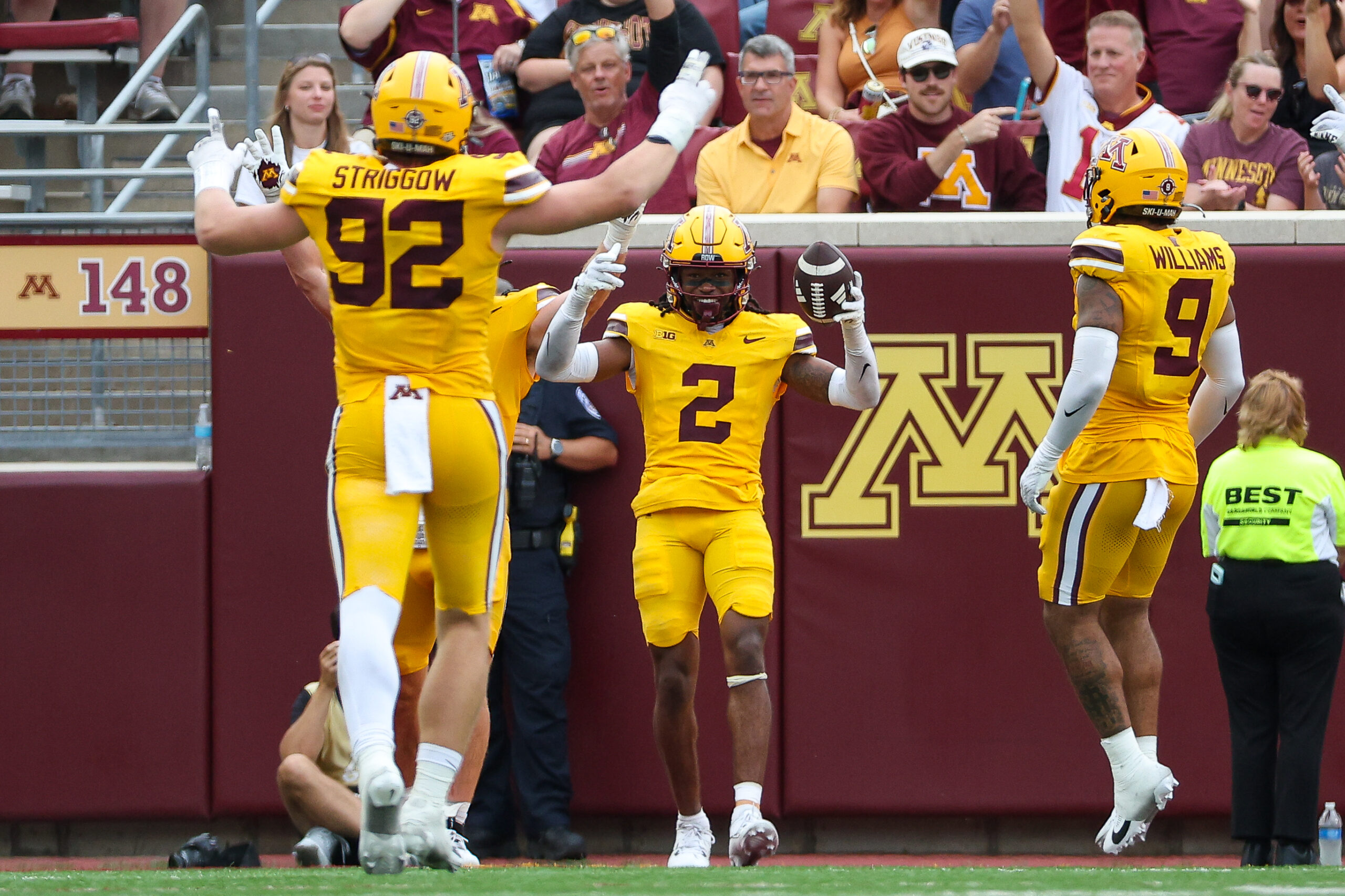 Sep 14, 2024; Minneapolis, Minnesota, USA; Minnesota Golden Gophers defensive back Ethan Robinson (2) celebrates his interception against the Nevada Wolf Pack during the second half at Huntington Bank Stadium