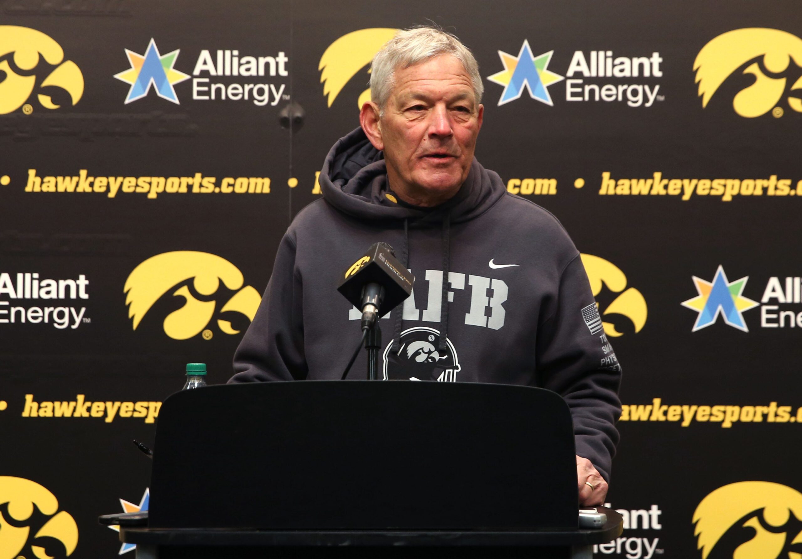 Iowa Hawkeyes head football coach Kirk Ferentz speaks the media after an open spring practice Saturday, April 20, 2024 at Kinnick Stadium in Iowa City, Iowa.