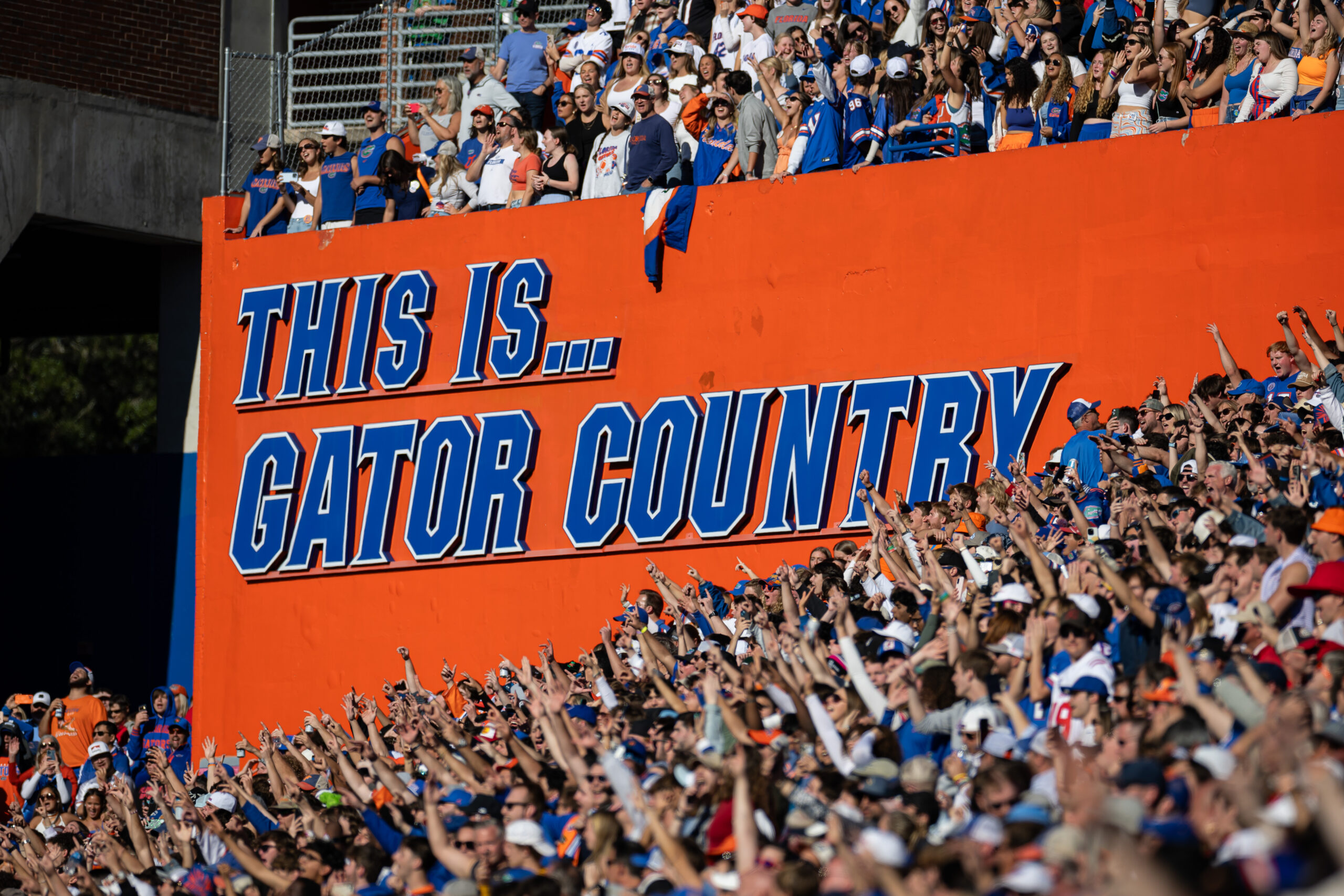 Nov 23, 2024; Gainesville, Florida, USA; Florida Gators cheerleaders perform during a timeout against the Mississippi Rebels during the second half at Ben Hill Griffin Stadium.