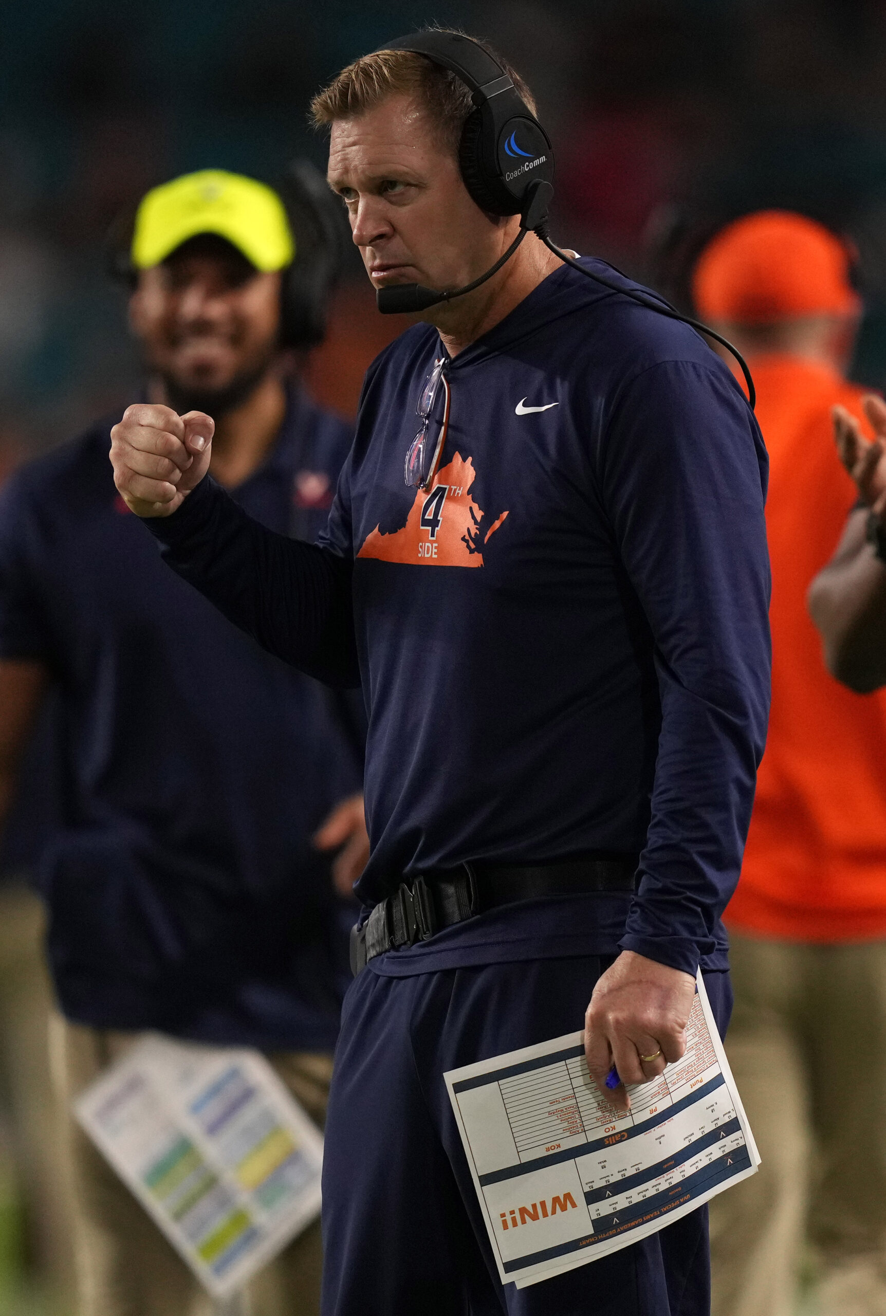 Sep 30, 2021; Miami Gardens, Florida, USA; Virginia Cavaliers head coach Bronco Mendenhall reacts during the second half against the Miami Hurricanes at Hard Rock Stadium.