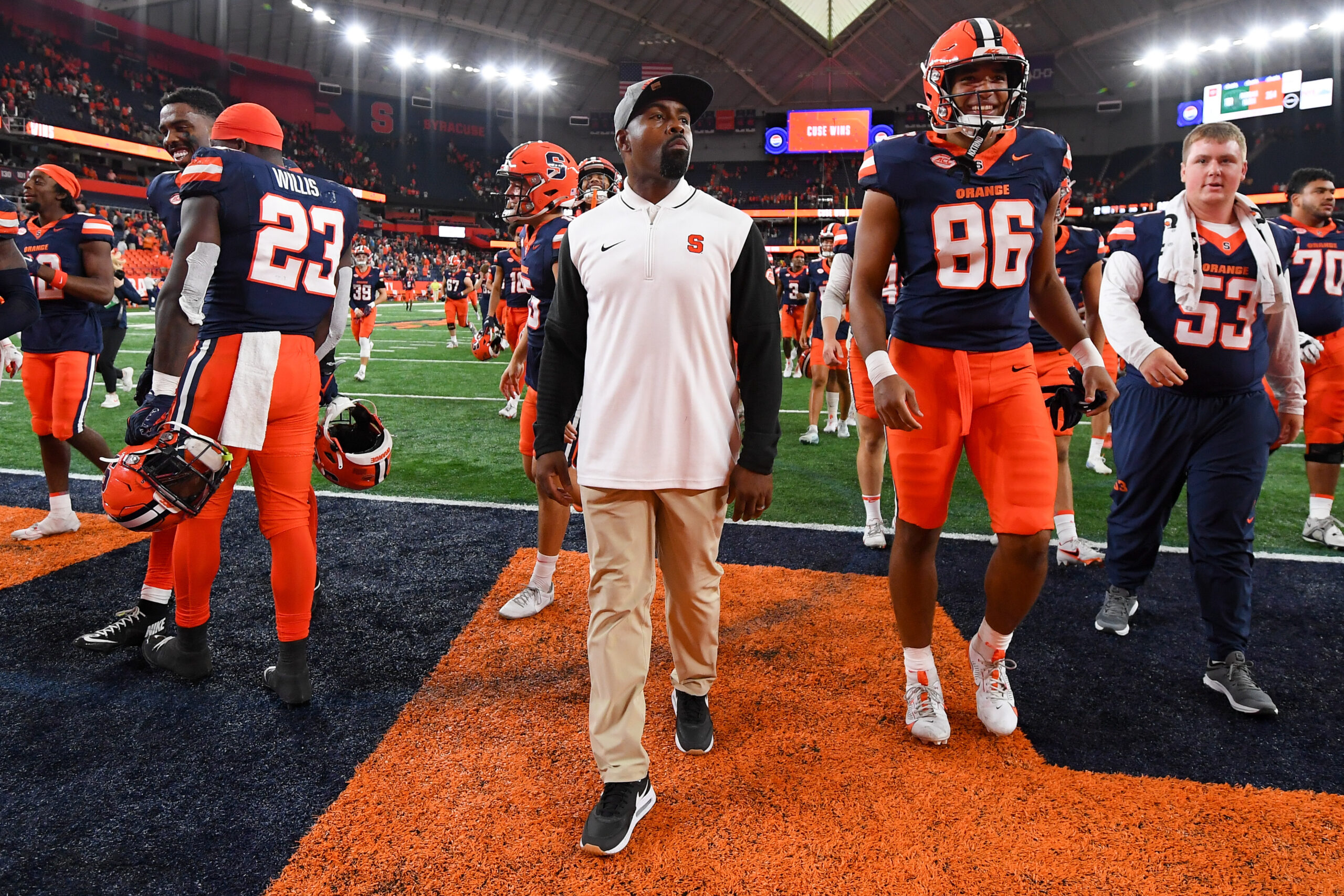 Aug 31, 2024; Syracuse, New York, USA; Syracuse Orange head coach Fran Brown walks on the field following a game against the Ohio Bobcats at the JMA Wireless Dome.