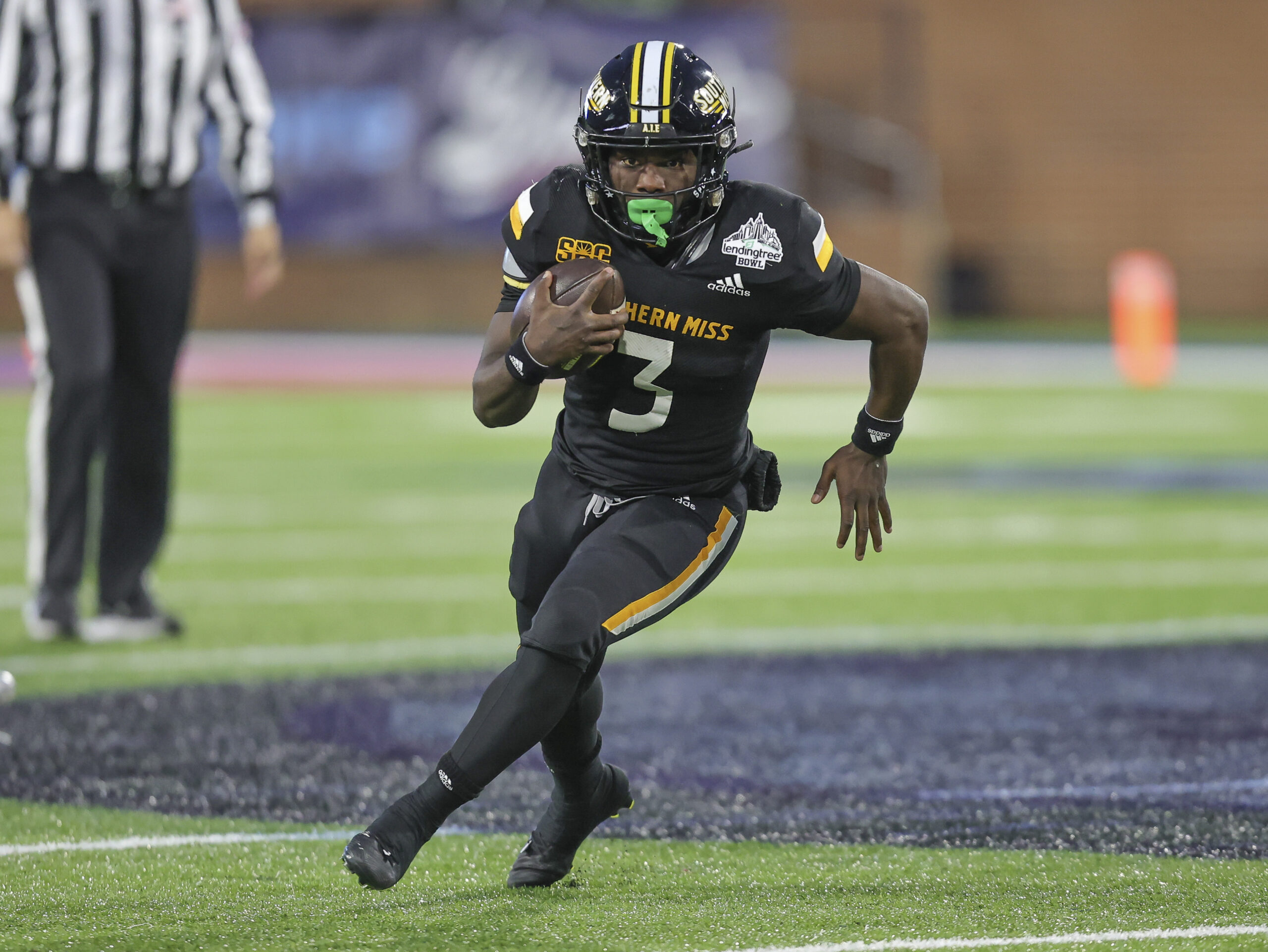 Dec 17, 2022; Mobile, AL, USA; Southern Miss Golden Eagles running back Frank Gore Jr. (3) carries the ball during the Lending Tree Bowl at Hancock Whitney Stadium.