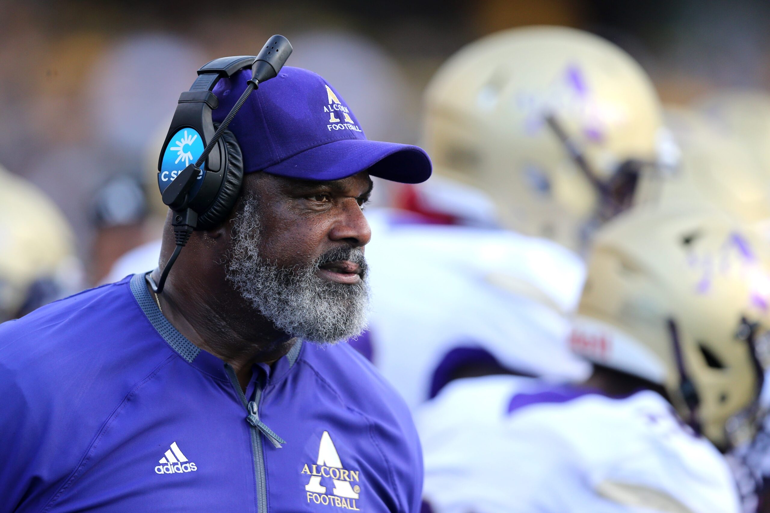 Sept. 2, 2023 - HATTIESBURG, MS. - Alcorn State Braves head coach Fred McNair on the sidelines in the first quarter against the Southern Miss Golden Eagles at M.M. Roberts Stadium. 