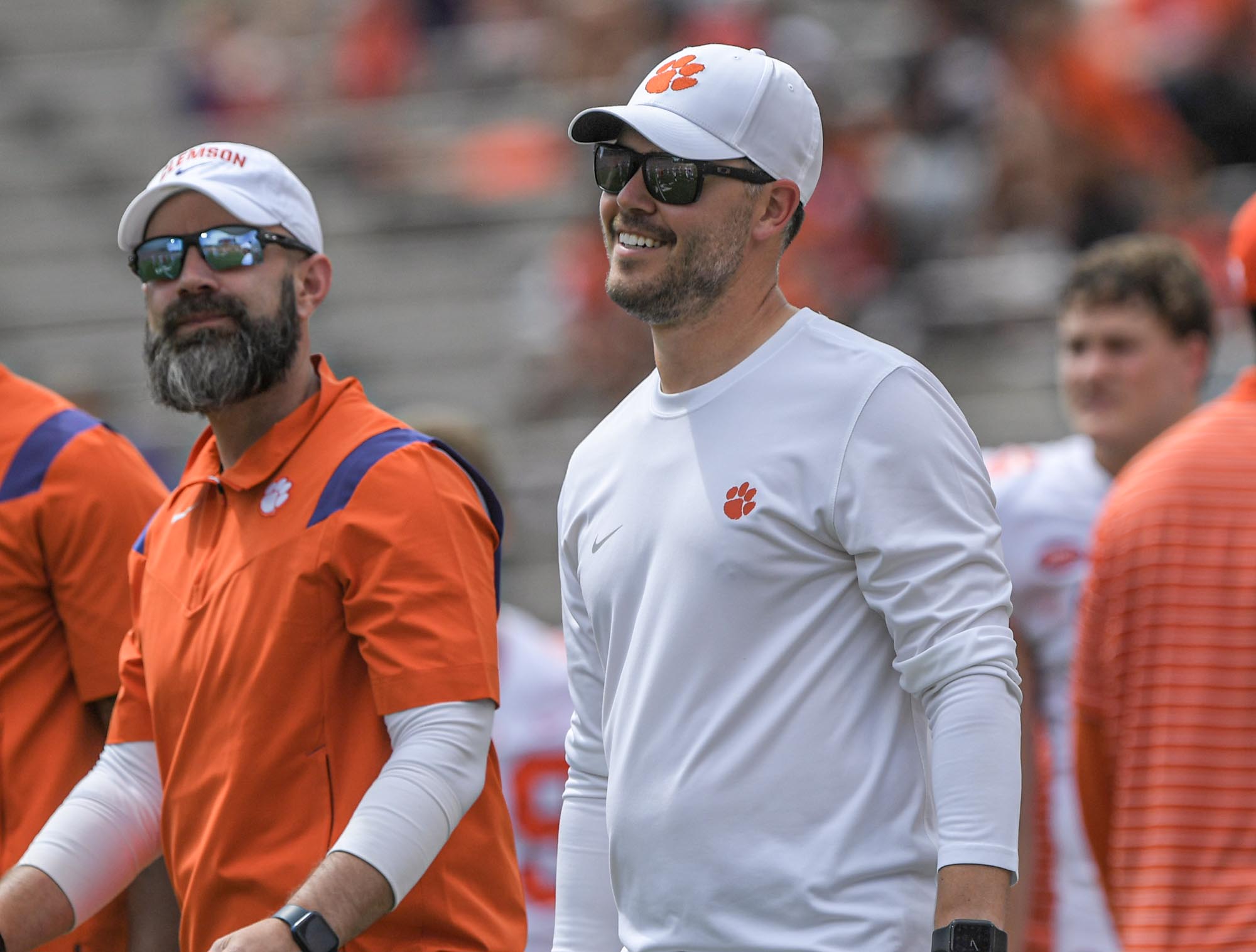 April 15, 2023; Clemson, SC , USA; Clemson offensive coordinator Garrett Riley during the fourth quarter the annual Orange and White Spring game at Memorial Stadium in Clemson, S.C. Saturday, April 15, 2023.