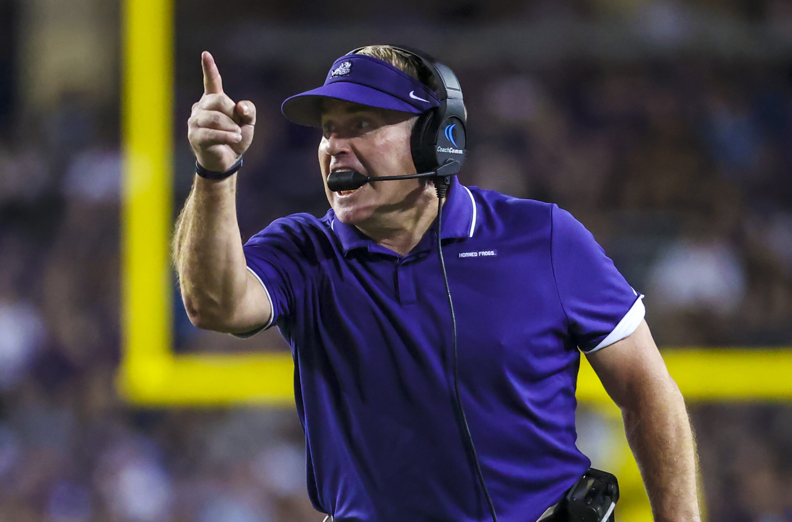 Oct 23, 2021; Fort Worth, Texas, USA; TCU Horned Frogs head coach Gary Patterson reacts during the first half against the West Virginia Mountaineers at Amon G. Carter Stadium.