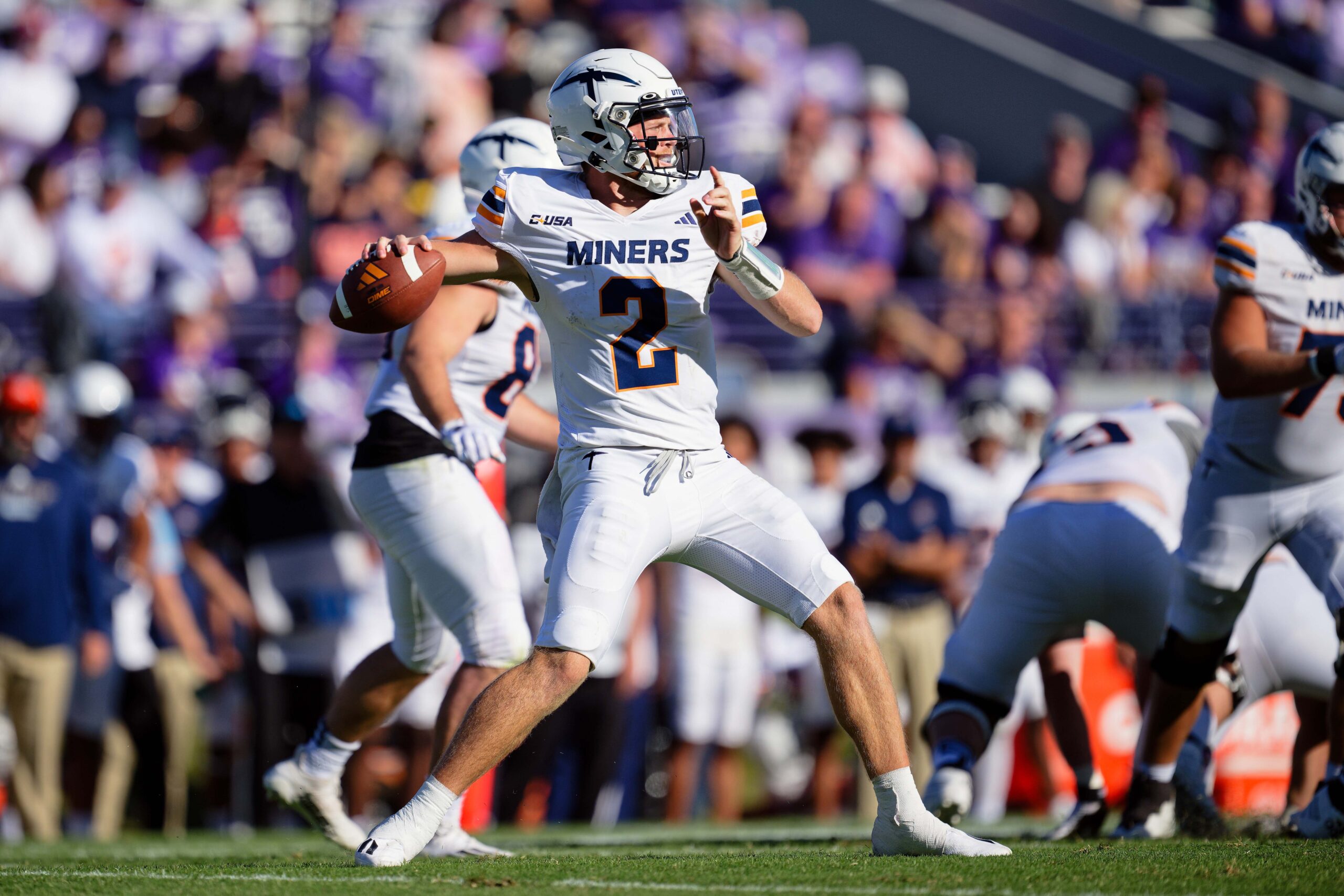 Sep 9, 2023; Evanston, Illinois, USA; University of Texas El Paso Miners quarterback Gavin Hardison (2) passes against the Northwestern Wildcats at Ryan Field.