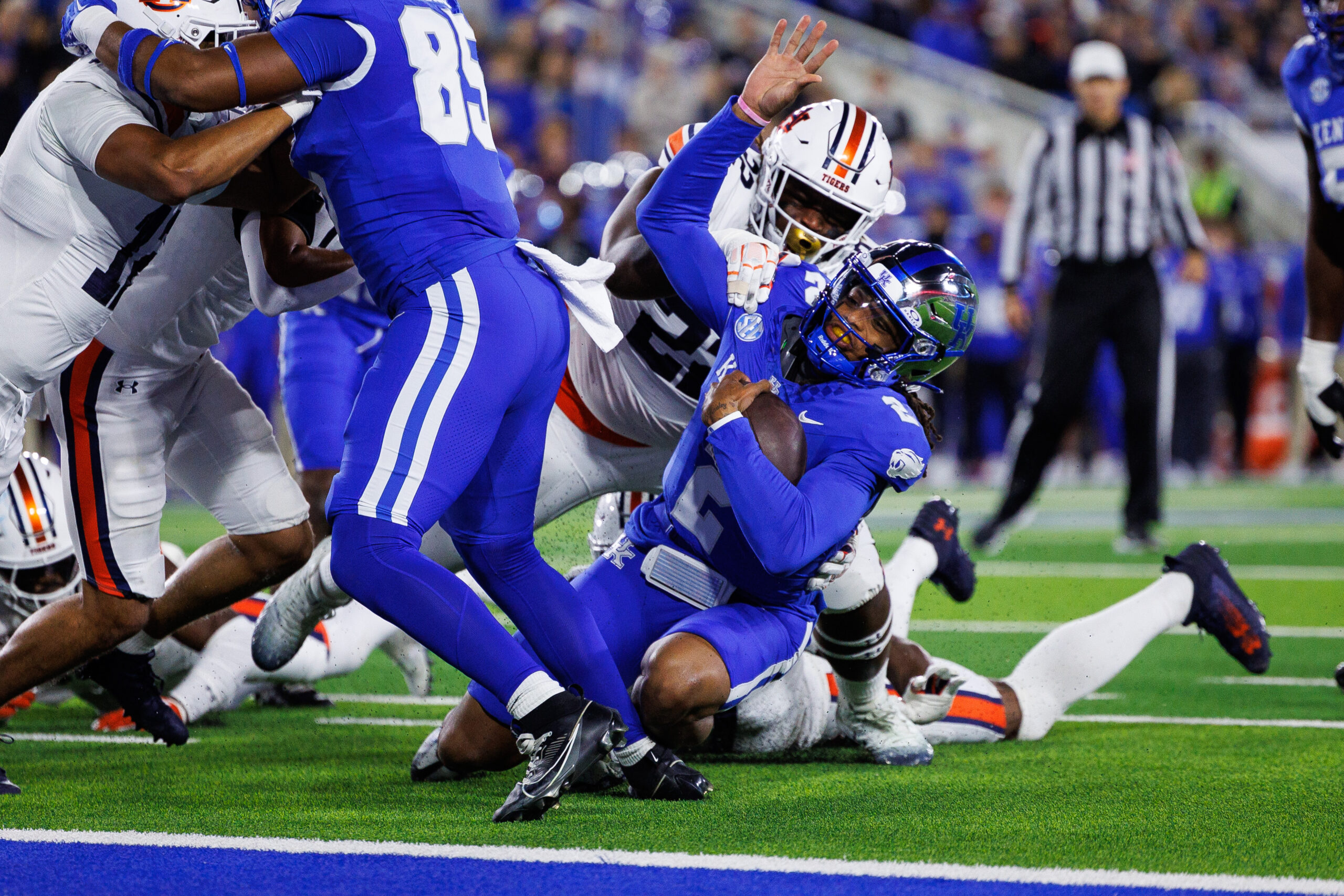 Oct 26, 2024; Lexington, Kentucky, USA; Kentucky Wildcats quarterback Gavin Wimsatt (2) falls short of the end zone during the first quarter against the Auburn Tigers at Kroger Field.