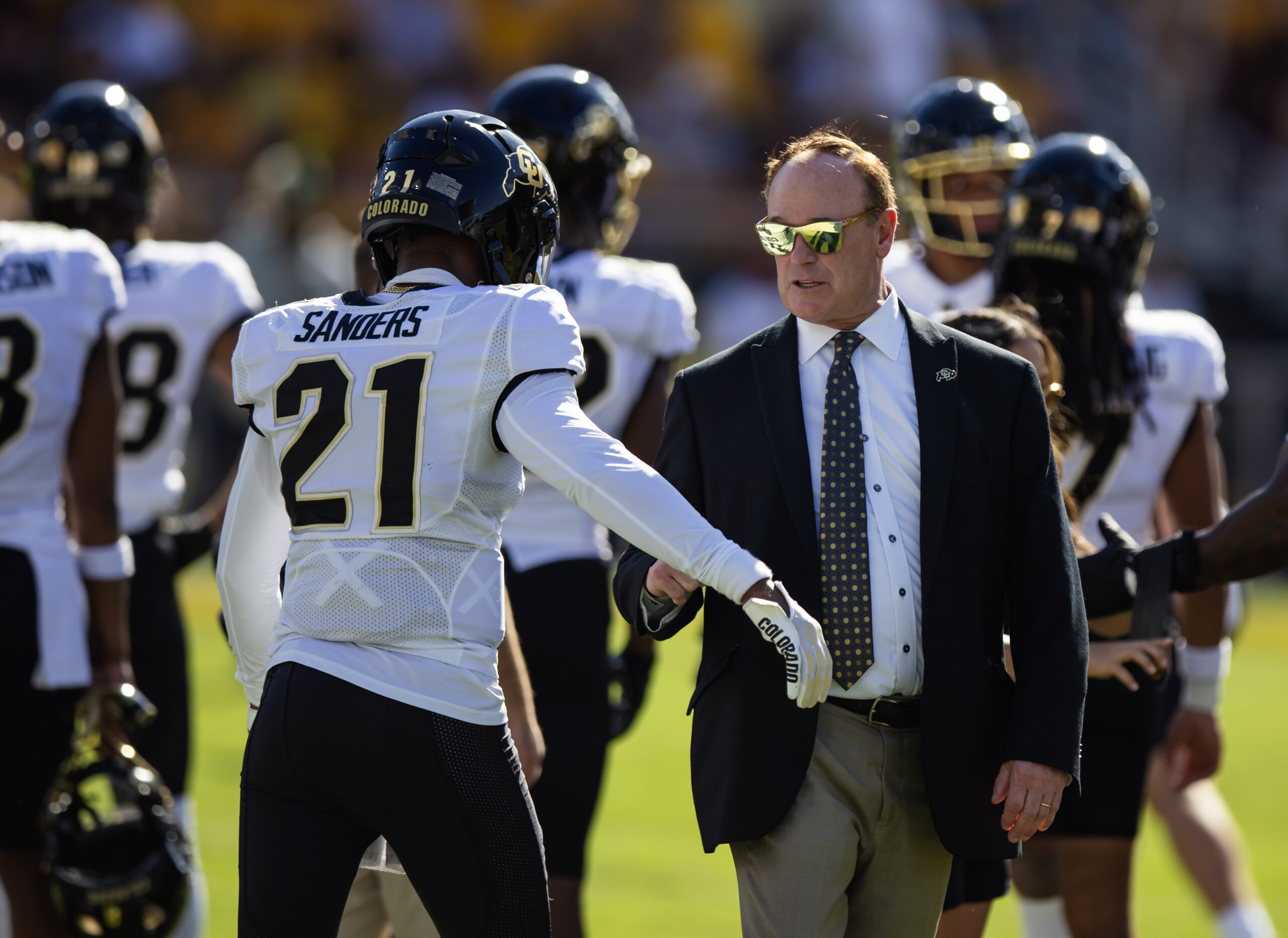 Oct 7, 2023; Tempe, Arizona, USA; Colorado Buffaloes athletic director Rick George with safety Shilo Sanders (21) against the Arizona State Sun Devils at Mountain America Stadium.