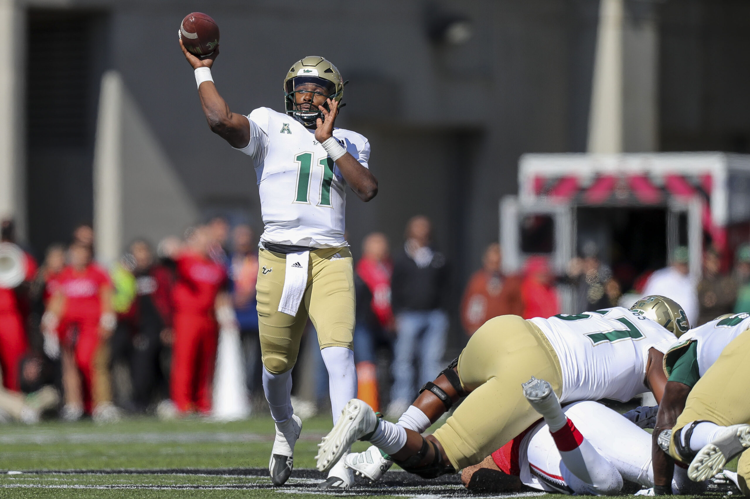 Oct 8, 2022; Cincinnati, Ohio, USA; South Florida Bulls quarterback Gerry Bohanon (11) throws a pass against the Cincinnati Bearcats in the first half at Nippert Stadium.