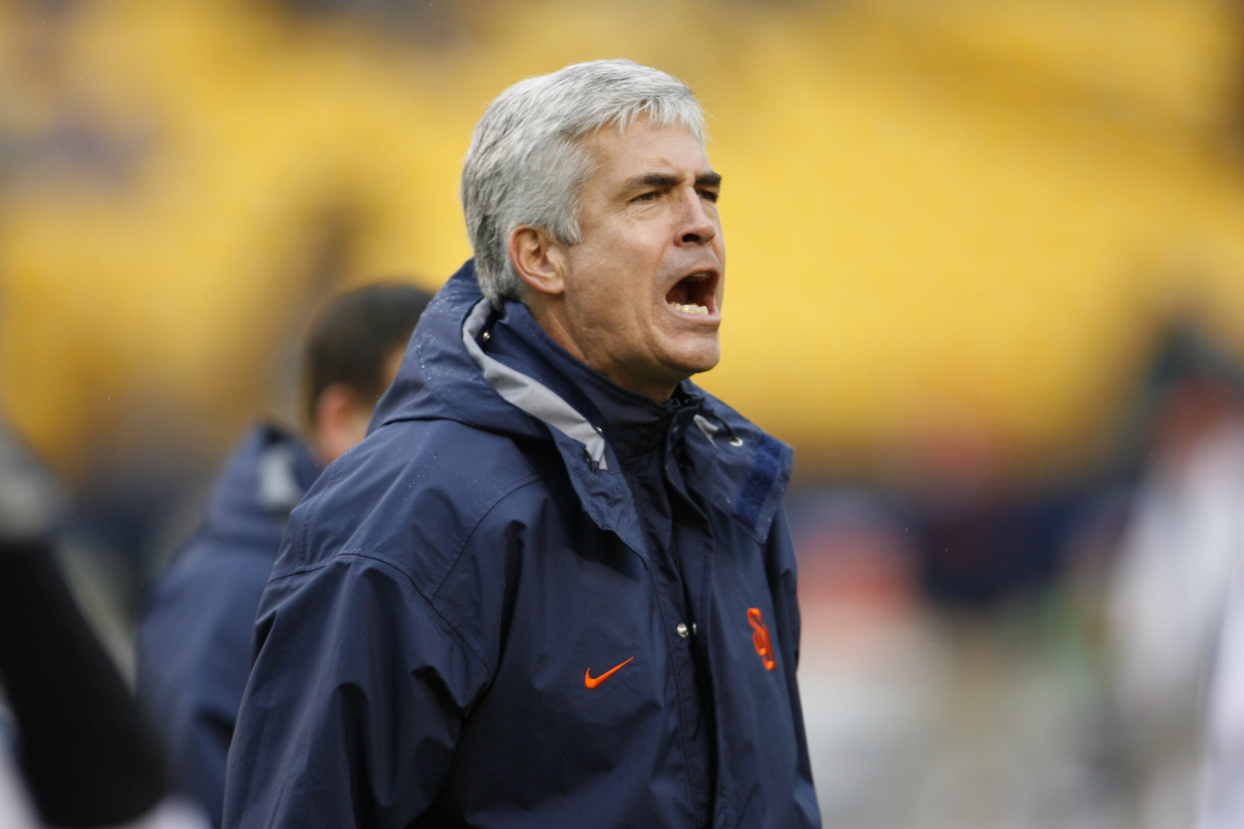 Oct 22, 2005; Pittsburgh, PA, USA; Syracuse Orange head coach Greg Robinson yells to his team prior to the start of the game against the Pittsburgh Panthers at Heinz Field.