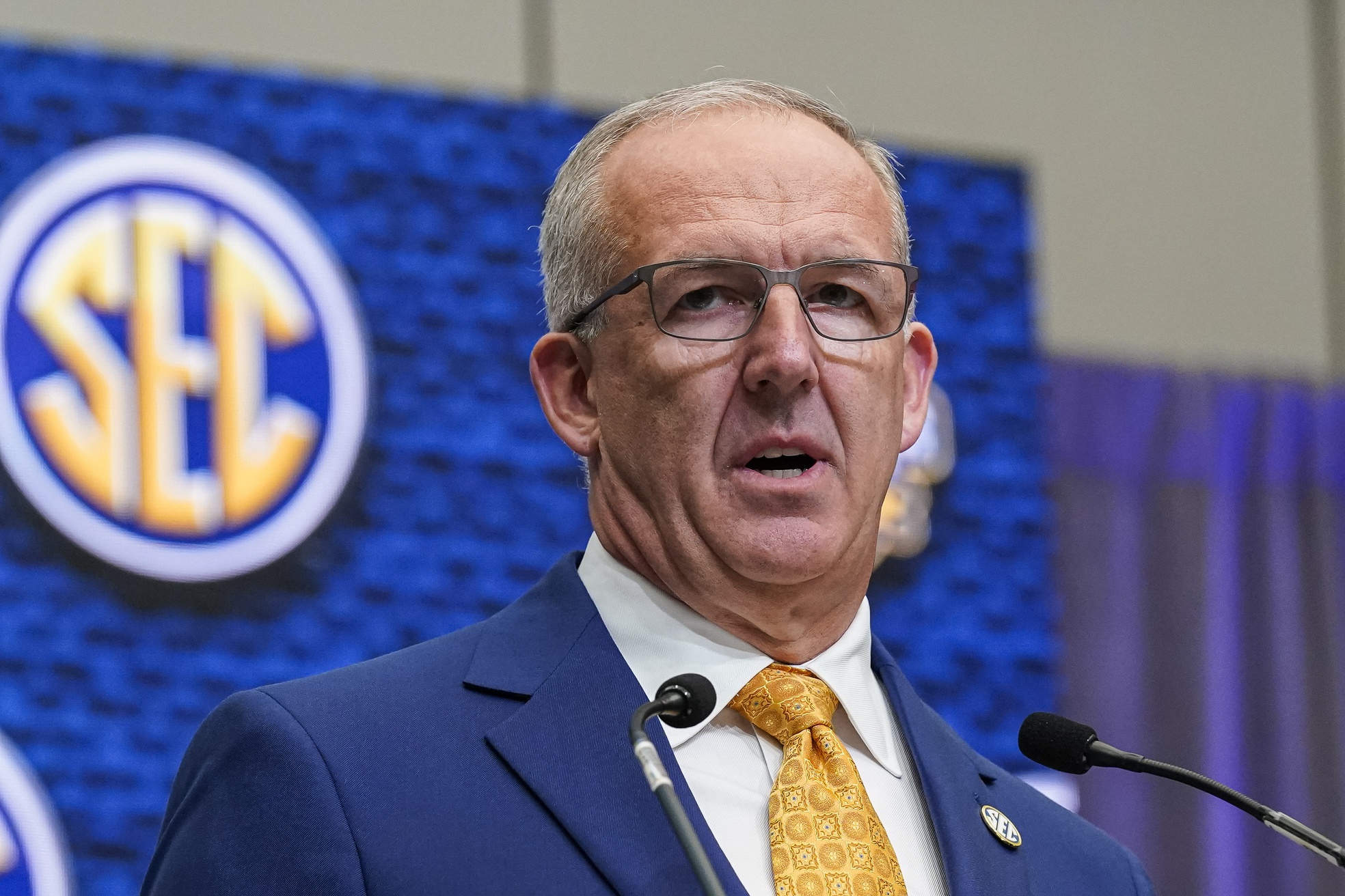 Jul 18, 2022; Atlanta, GA, USA; SEC commissioner Greg Sankey delivers comments to open SEC Media Days at the College Football Hall of Fame.