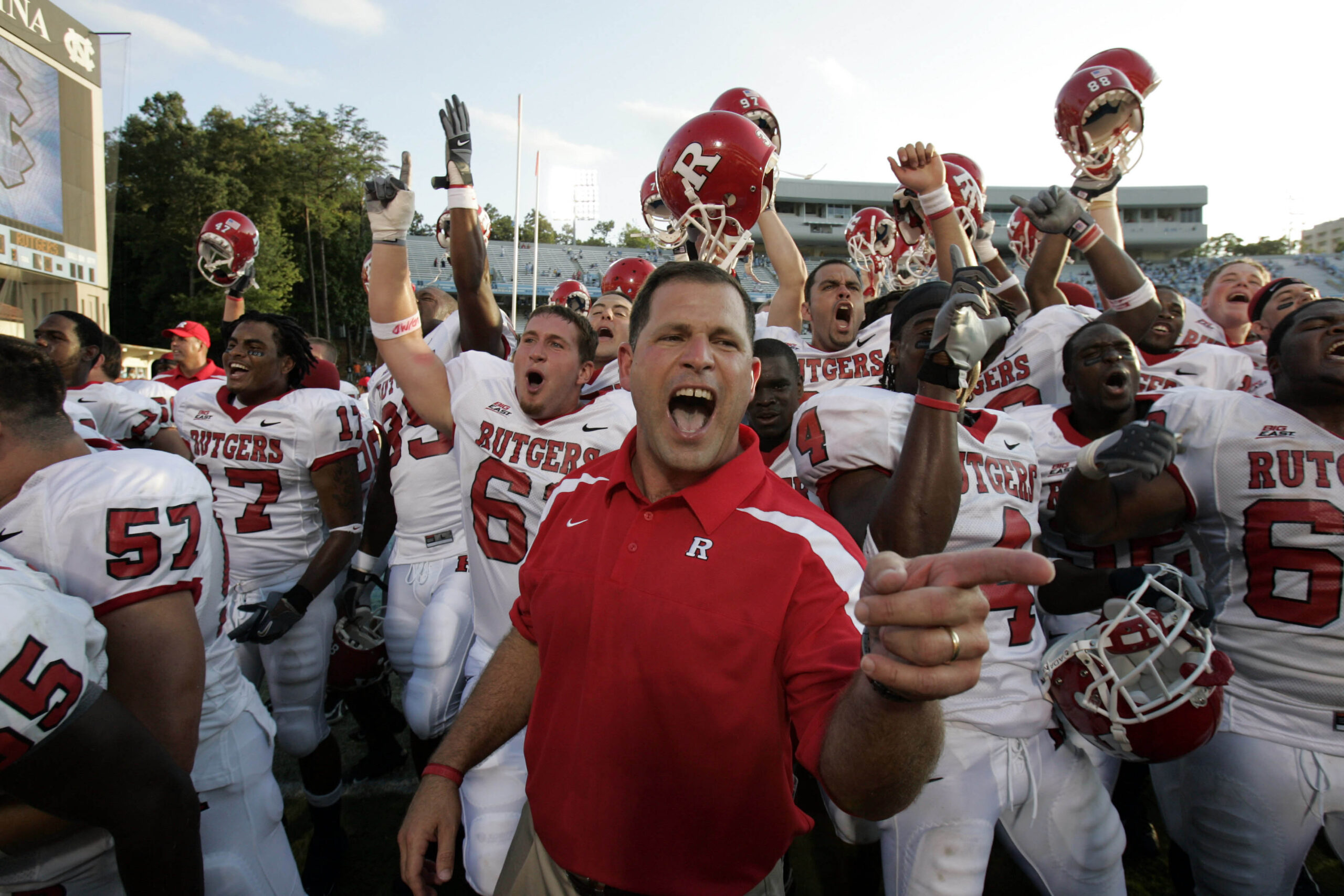 Sep 2, 2006, Chapel Hill, NC, USA; Rutgers Scarlet Knights head coach Greg Schiano celebrates the Scarlet Knights 21-16 victory over the Carolina Tar Heels at Kenan Stadium.