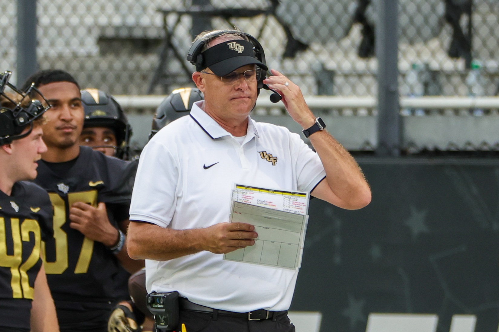 Sep 30, 2023; Orlando, Florida, USA; UCF Knights head coach Gus Malzahn walks the sideline during the second half against the Baylor Bears at FBC Mortgage Stadium.