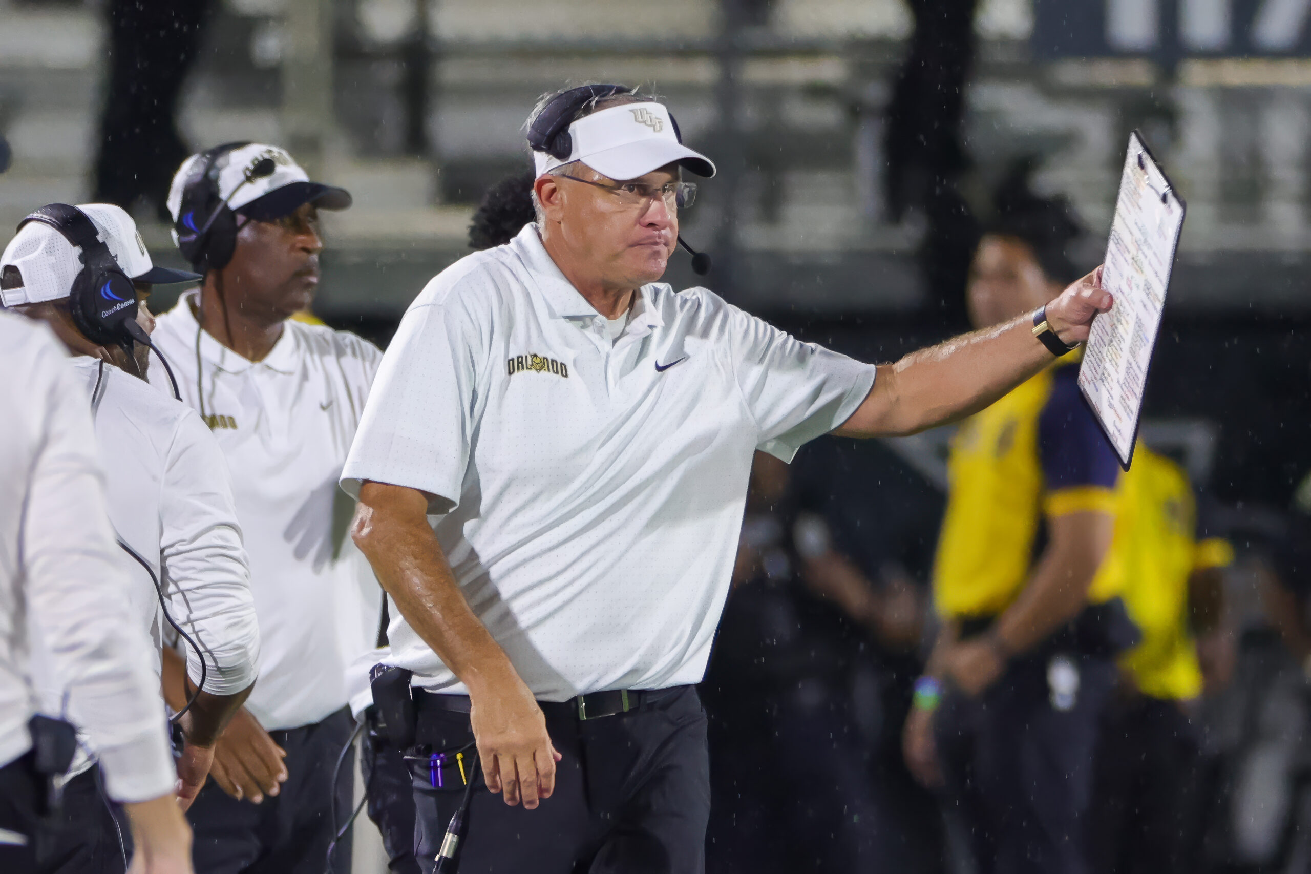Nov 19, 2022; Orlando, Florida, USA; UCF Knights head coach Gus Malzahn looks on during the second half against the Navy Midshipmen at FBC Mortgage Stadium.