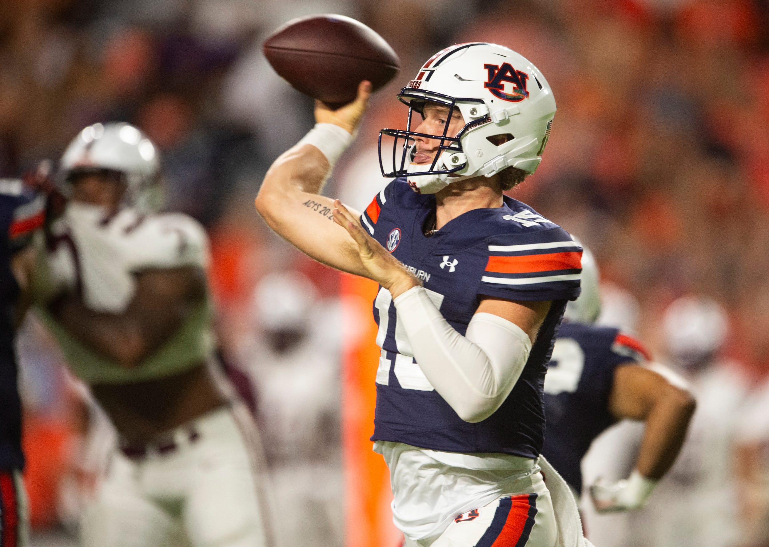 Auburn Tigers quarterback Hank Brown (15) throws the ball as Auburn Tigers takes on Alabama A&M Bulldogs at Jordan-Hare Stadium in Auburn, Ala., on Saturday, Aug. 31, 2024. Auburn Tigers defeated Alabama A&M Bulldogs 73-3.