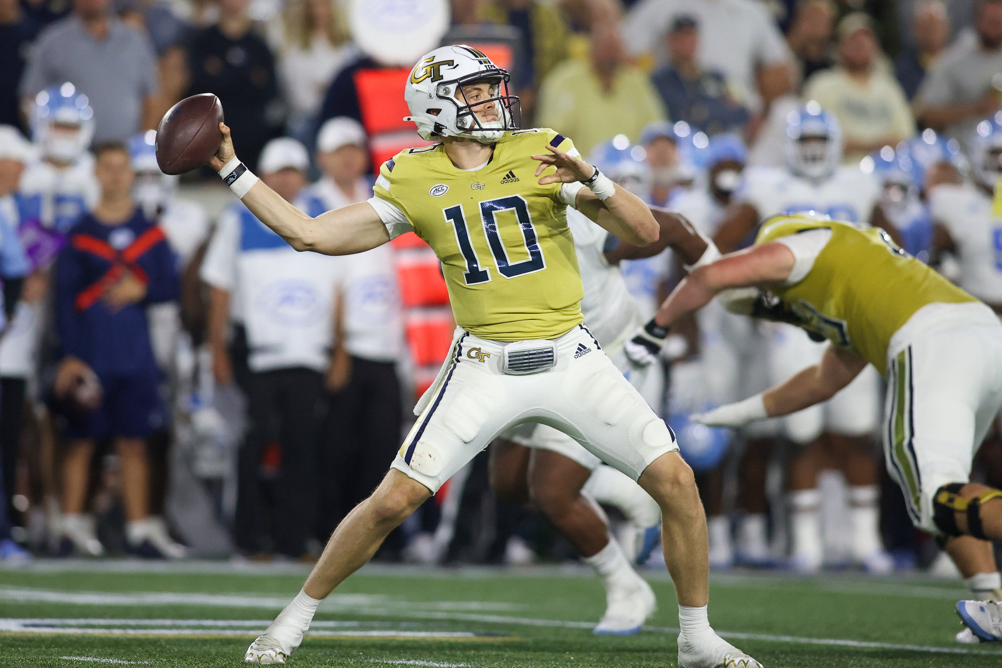 Oct 28, 2023; Atlanta, Georgia, USA; Georgia Tech Yellow Jackets quarterback Haynes King (10) throws a pass against the North Carolina Tar Heels in the second half at Bobby Dodd Stadium at Hyundai Field. 