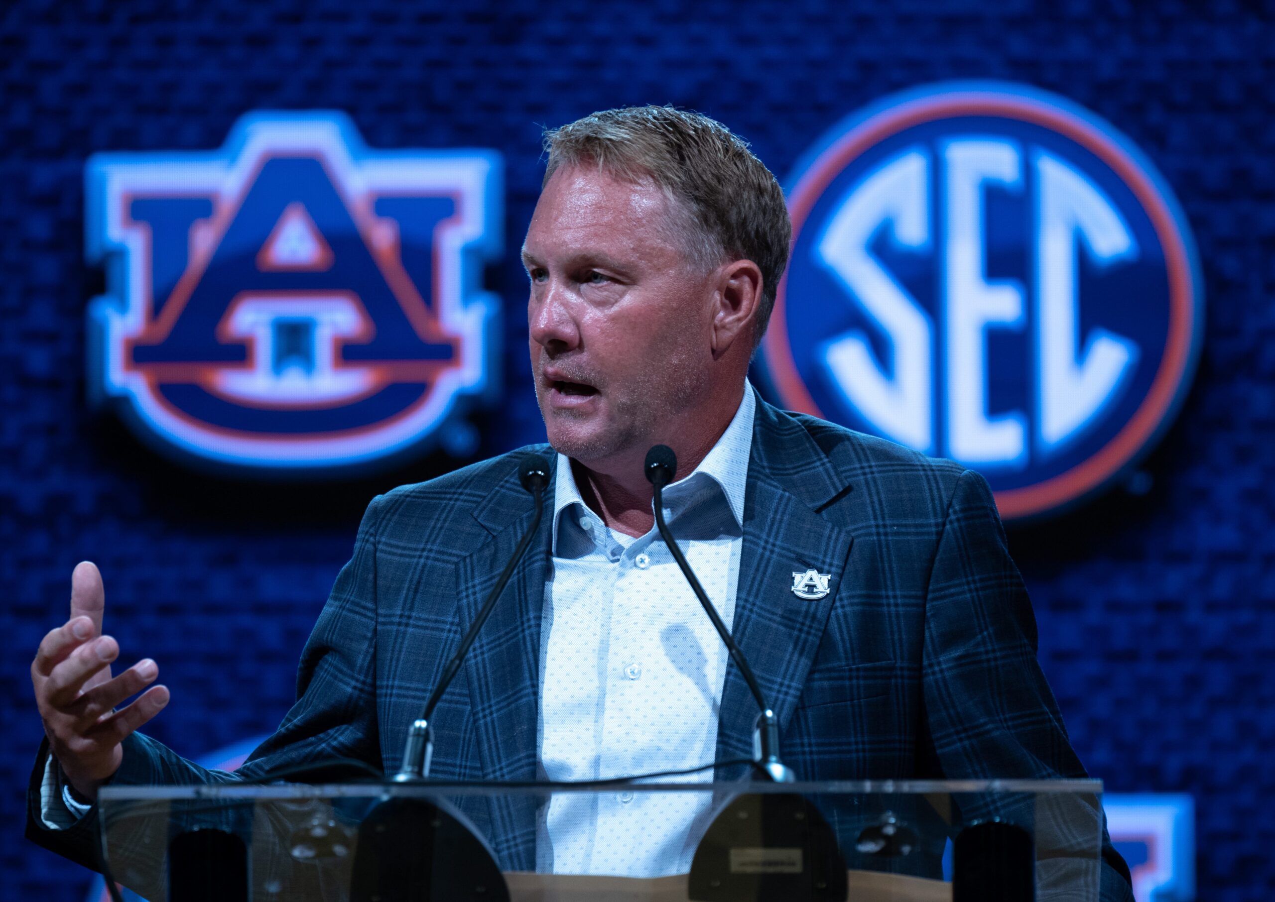 Auburn coach Hugh Freeze speaks at the 2023 SEC Football Kickoff Media Days at the Nashville Grand Hyatt on Broadway, Tuesday, July 18, 2023.