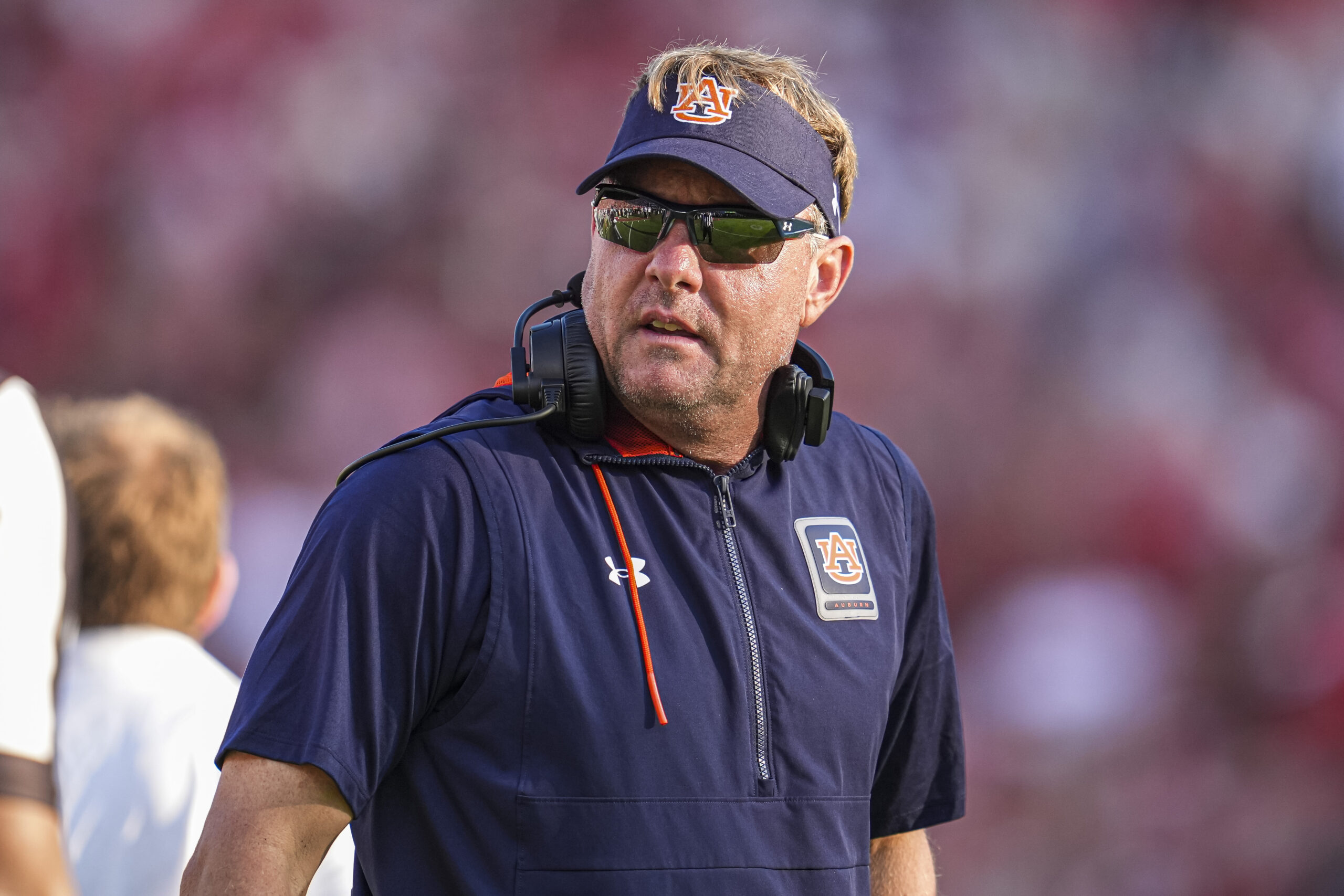 Sep 23, 2023; College Station, Texas, USA; Auburn Tigers head coach Hugh Freeze looks on during the first quarter against the Texas A&M Aggies at Kyle Field.