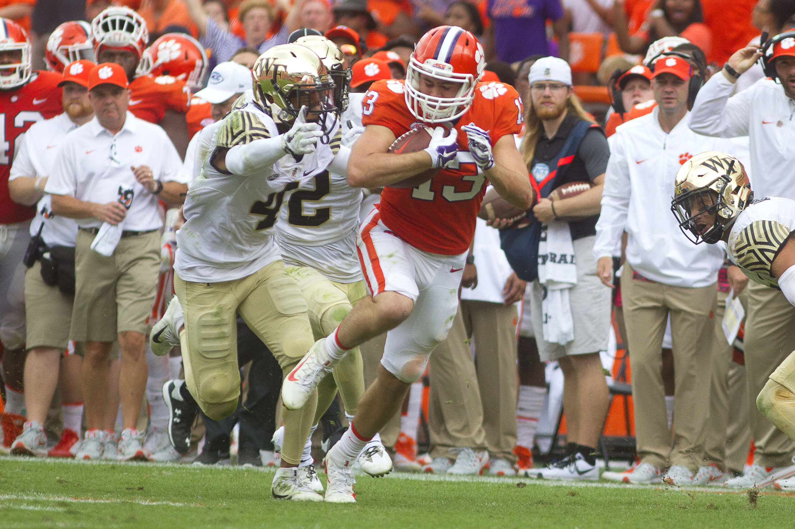 Oct 7, 2017; Clemson, SC, USA; Clemson Tigers wide receiver Hunter Renfrow (13) carries the ball during the third quarter against the Wake Forest Demon Deacons at Clemson Memorial Stadium.