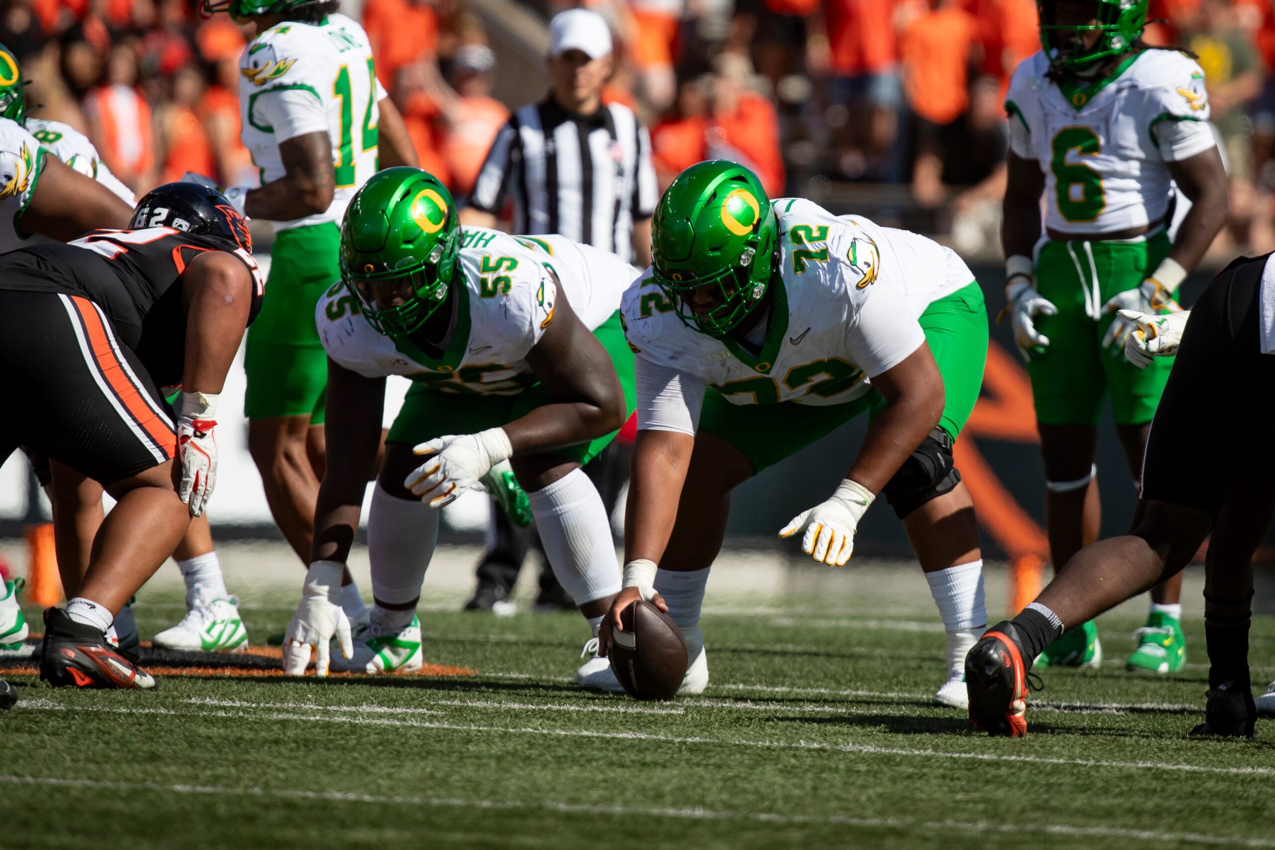 Oregon offensive lineman Iapani Laloulu lines up to snap the ball as the Oregon State Beavers host the Oregon Ducks Saturday, Sept. 14, 2024 at Reser Stadium in Corvallis, Ore.
