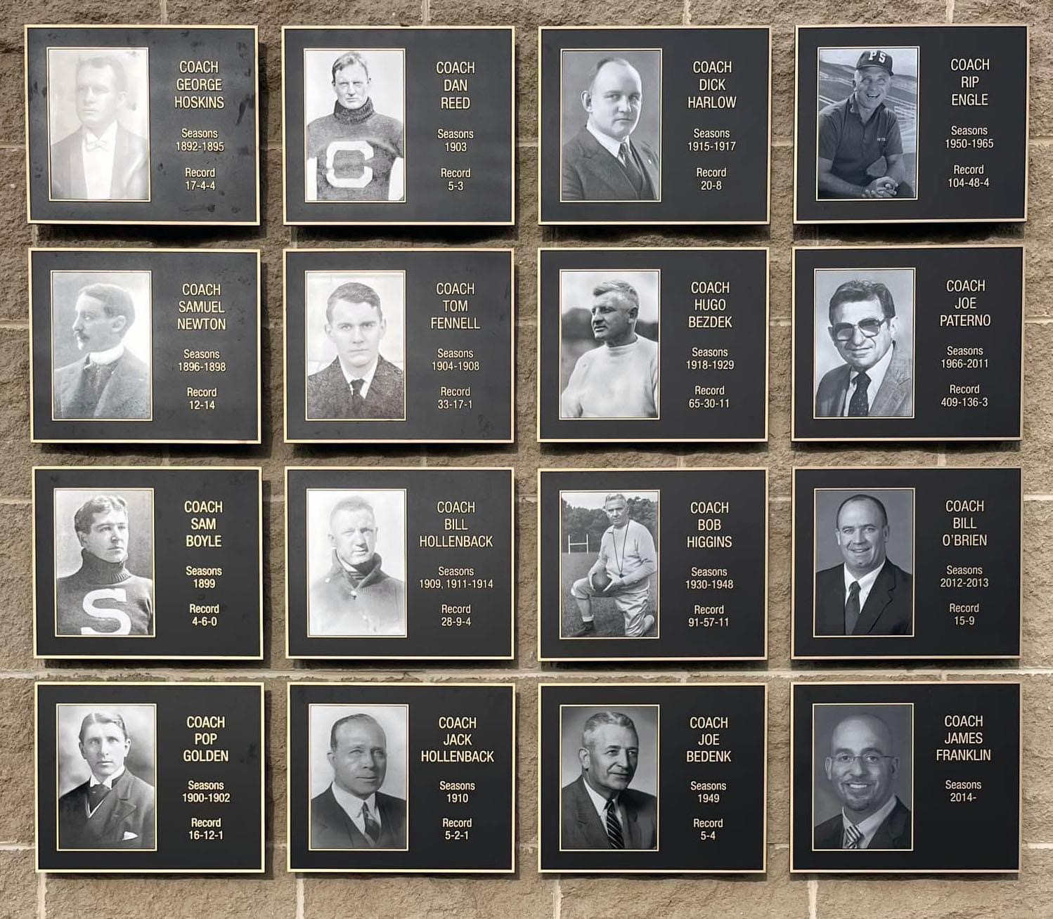 As of December 2023, former Penn State football head coach  is featured on a plaque on the exterior wall of Beaver Stadium's 