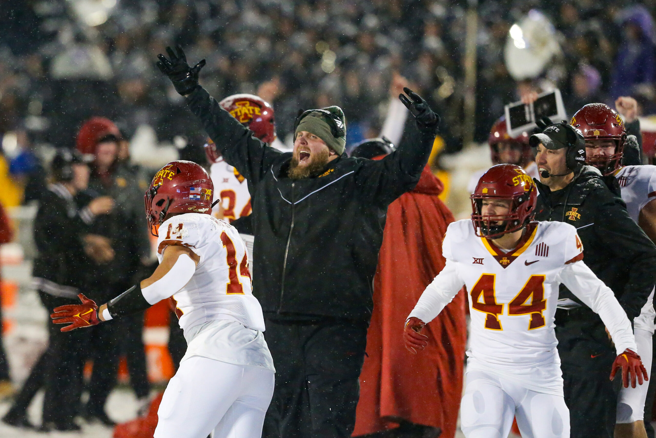 Nov 25, 2023; Manhattan, Kansas, USA; The Iowa State Cyclones bench celebrates a fourth-down stop against the Kansas State Wildcats late in the fourth quareter at Bill Snyder Family Football Stadium.
