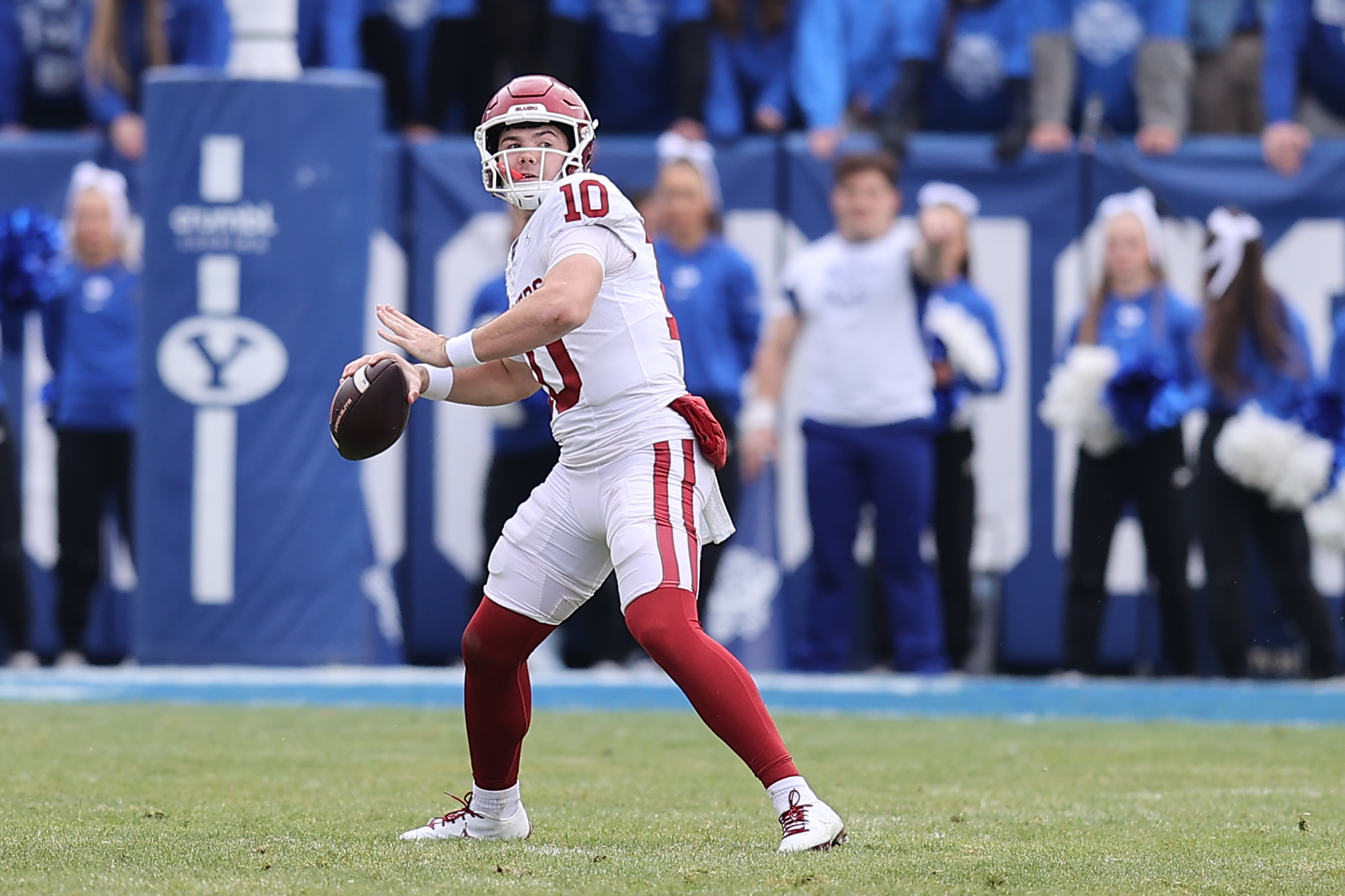 Nov 18, 2023; Provo, Utah, USA; Oklahoma Sooners quarterback Jackson Arnold (10) throws the ball against the Brigham Young Cougars in the fourth quarter at LaVell Edwards Stadium.