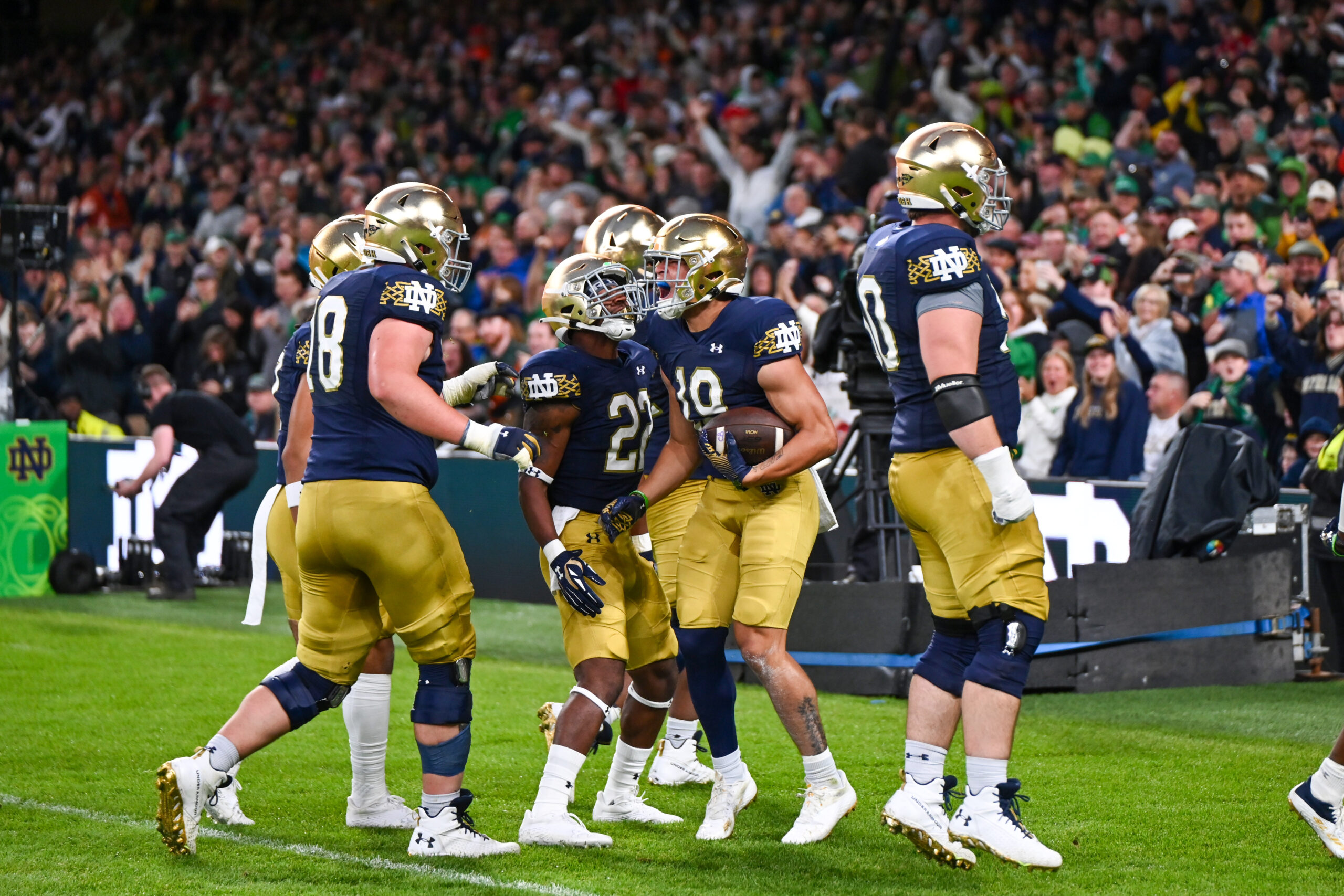 Aug 26, 2023; Dublin, IRL; Notre Dame Fighting Irish wide receiver Jaden Greathouse (19) celebrates after a touchdown in the second quarter against the Navy Midshipmen at Aviva Stadium.