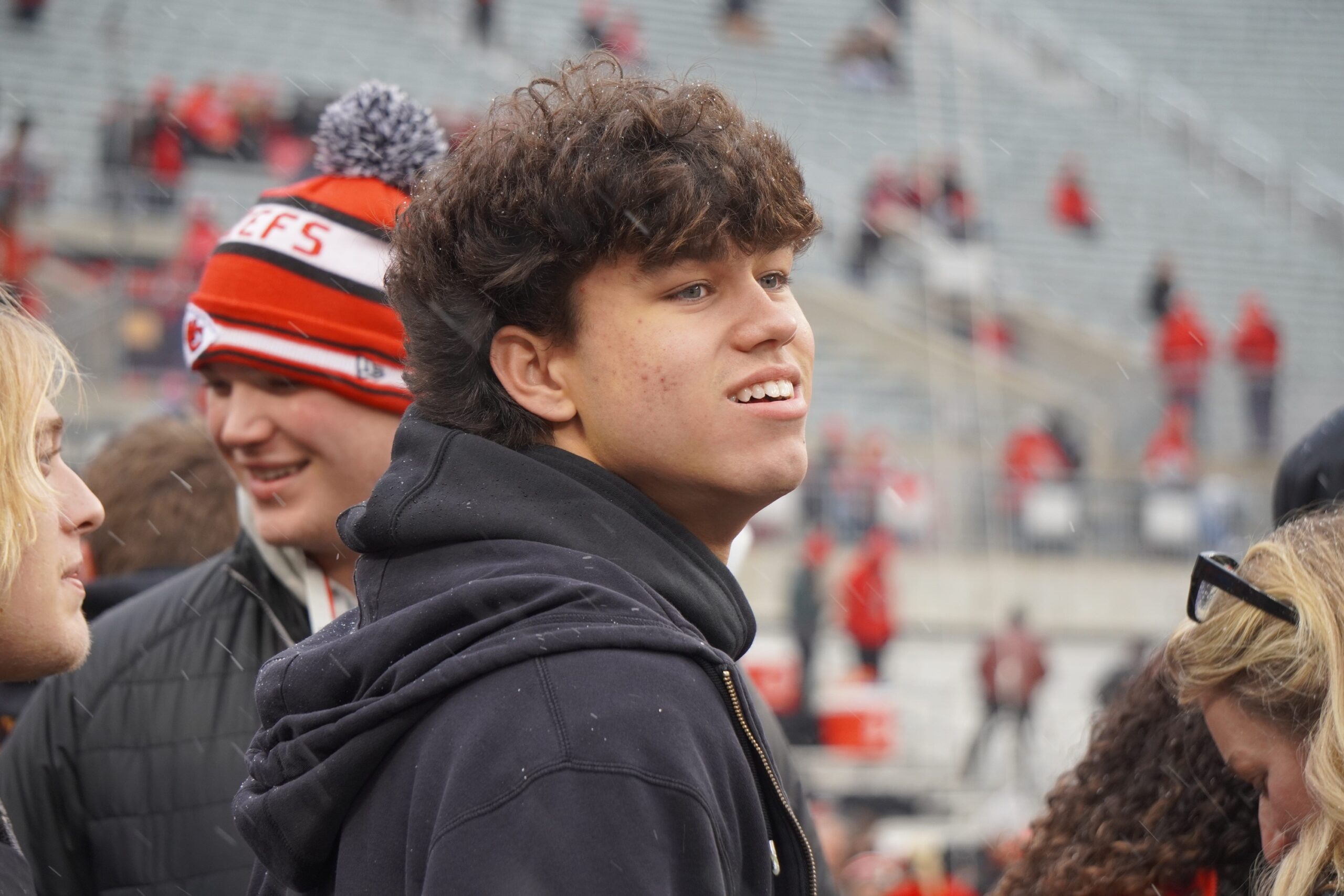 Recruit Jaden Reddell watches Ohio State warm up prior to the Buckeyes' game against Indiana.