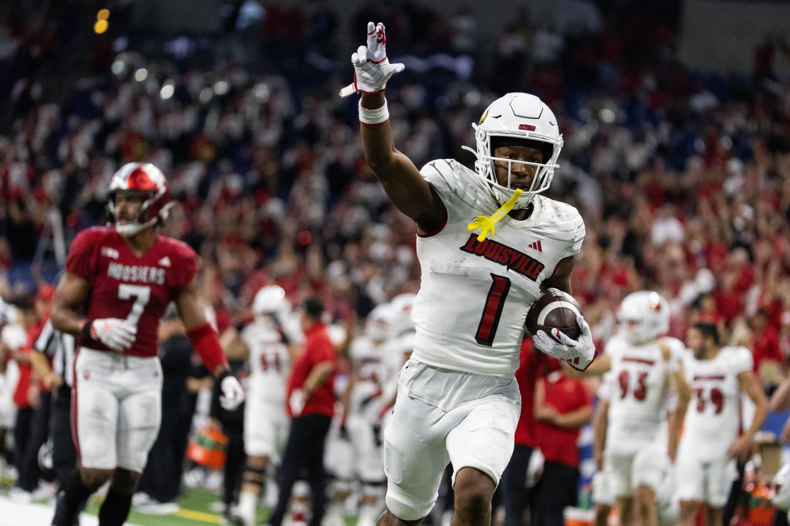 Sep 16, 2023; Indianapolis, Indiana, USA; Louisville Cardinals wide receiver Jamari Thrash (1) catches the ball against the Indiana Hoosiers iin the second half at Lucas Oil Stadium.