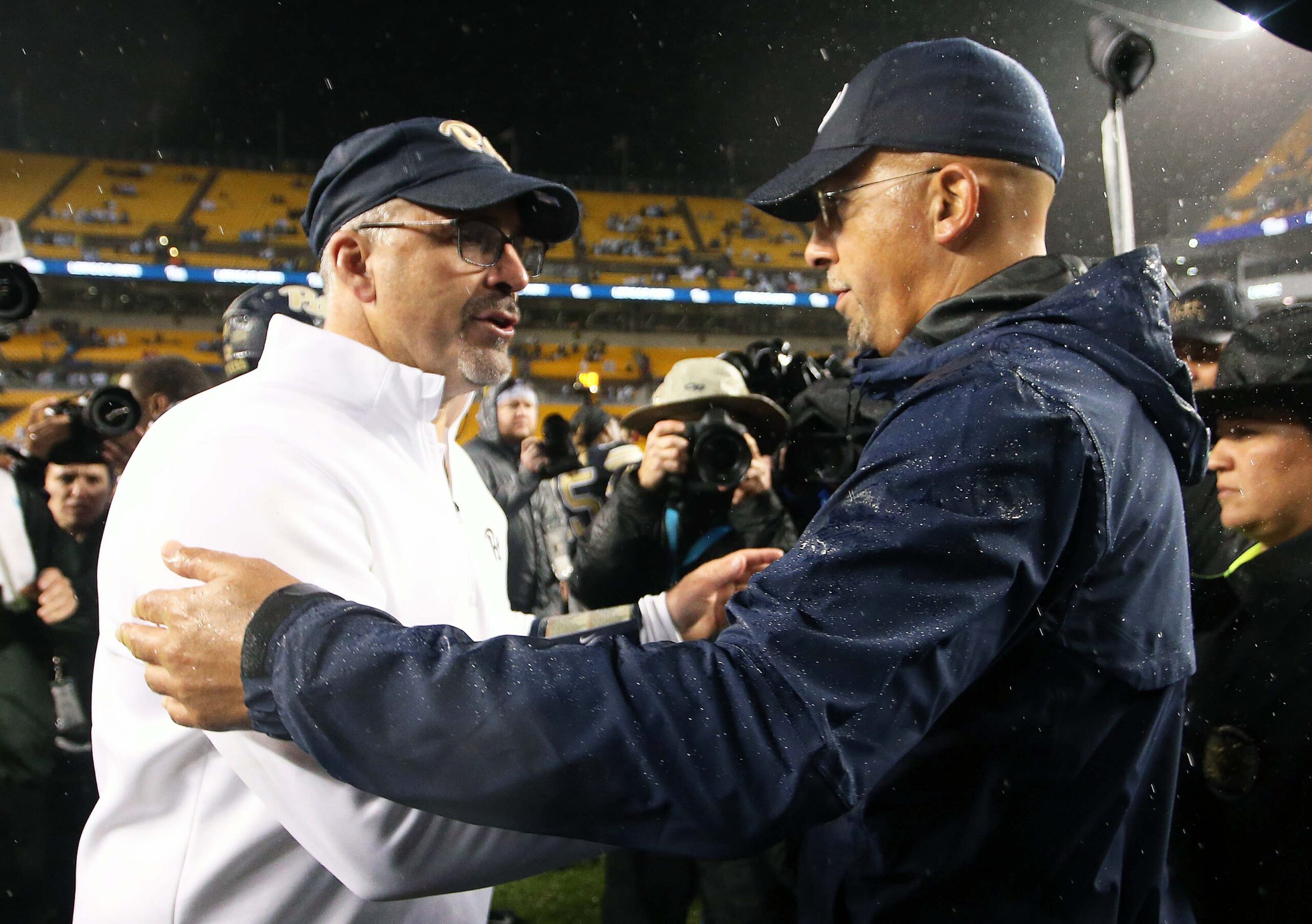 Sep 8, 2018; Pittsburgh, PA, USA; Pittsburgh Panthers head coach Pat Narduzzi (L) and Penn State Nittany Lions head coach James Franklin (R) shake hands after their game at Heinz Field. Penn State won 51-6.