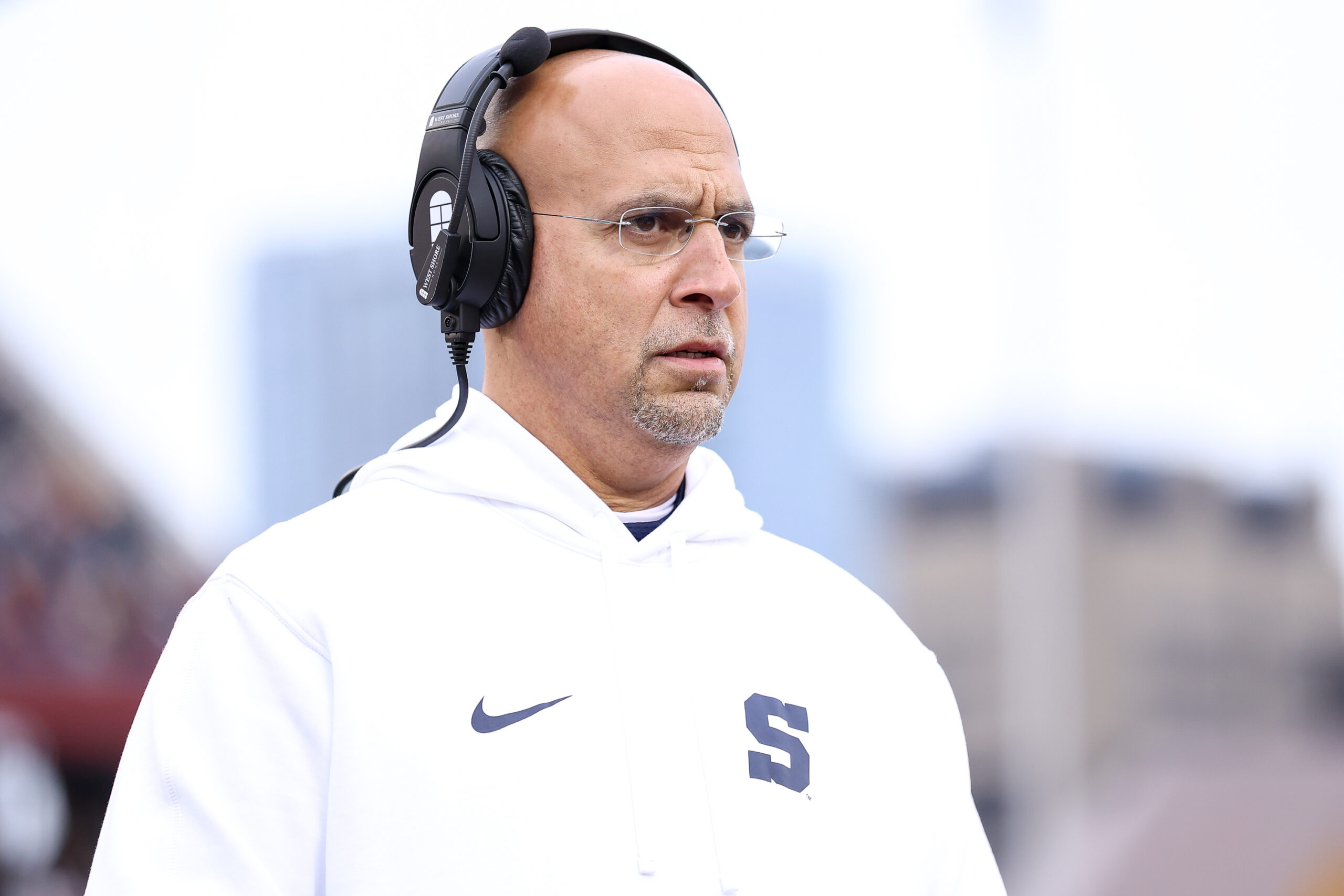 Nov 23, 2024; Minneapolis, Minnesota, USA; Penn State Nittany Lions head coach James Franklin looks on during the first quarter against the Minnesota Golden Gophers at Huntington Bank Stadium.
