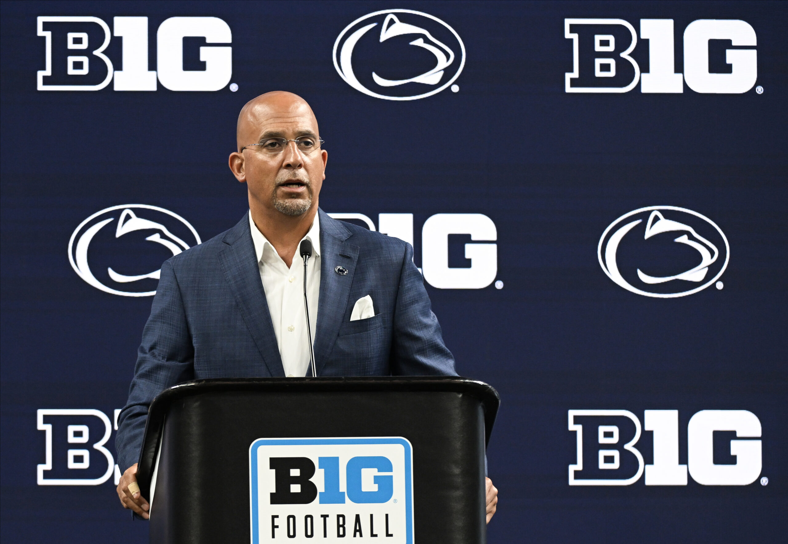 Ohio State Buckeyes head coach Ryan Day talks to Penn State Nittany Lions head coach James Franklin prior to the NCAA football game at Beaver Stadium in University Park, Pa. on Saturday, Nov. 2, 2024.