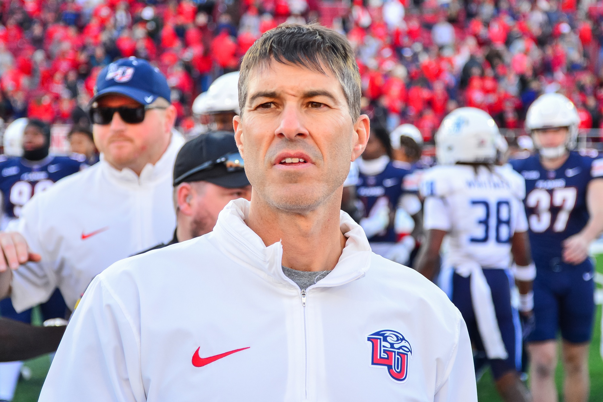 Nov 11, 2023; Lynchburg, Virginia, USA; Liberty Flames head coach Jamey Chadwell after the game at Williams Stadium.