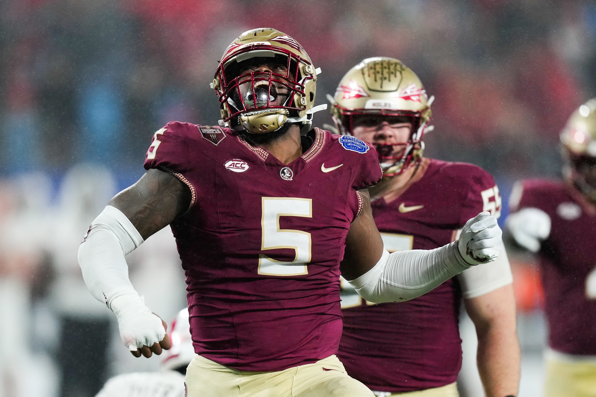 Dec 2, 2023; Charlotte, NC, USA; Florida State Seminoles defensive lineman Jared Verse (5) reacts during the fourth quarter against the Louisville Cardinals at Bank of America Stadium. 